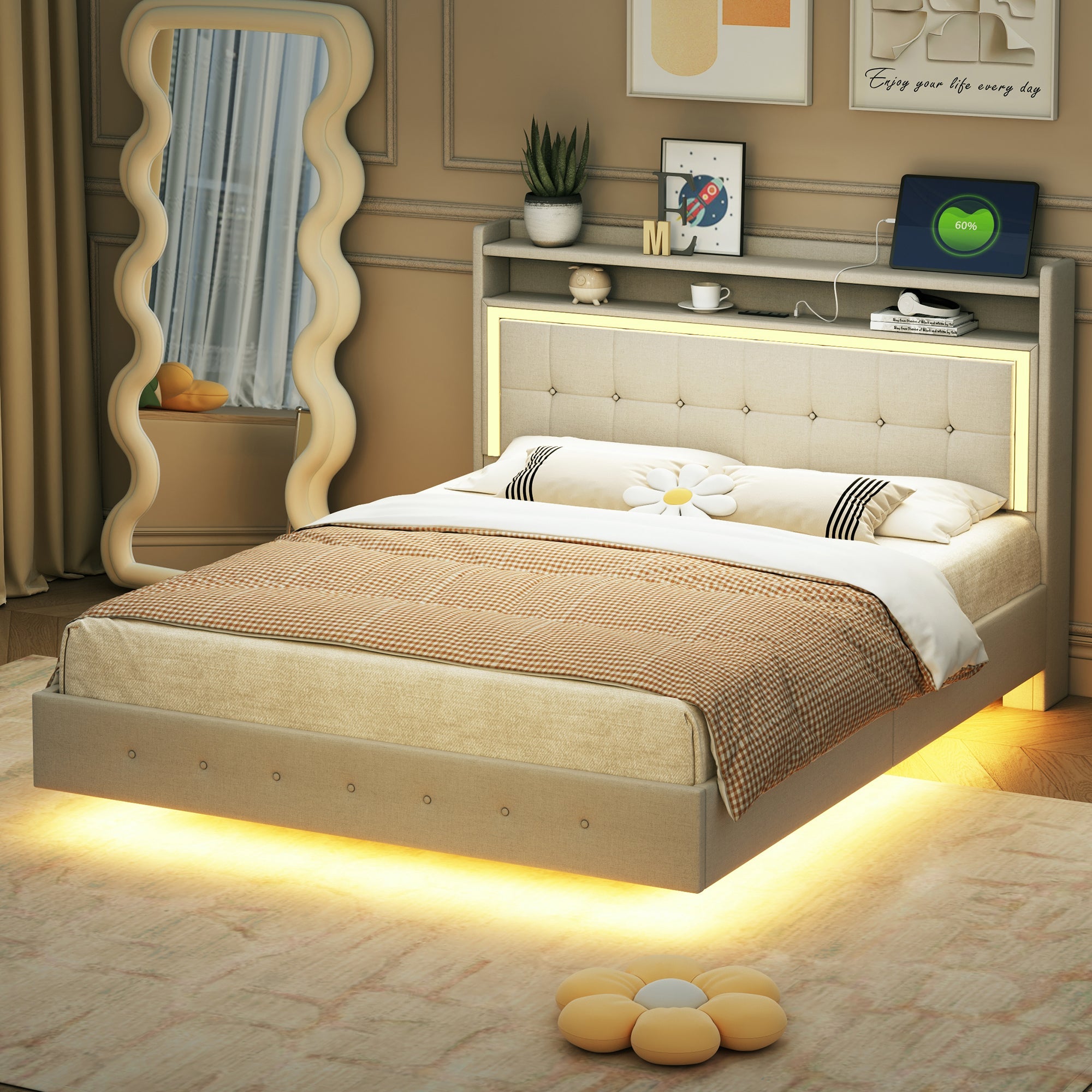 Logidon gestoffeerd bed 140x200 beige linnen met USB-aansluiting LED-verlichting