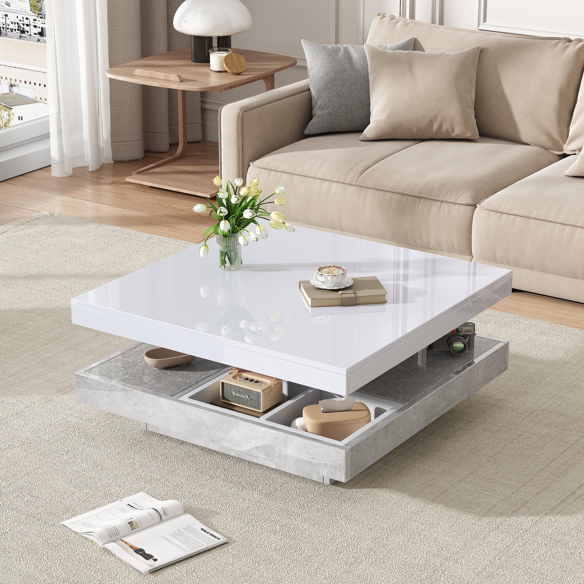 Logidon 360 graden draaibare salontafel 70x70x36 cm wit hoogglans
