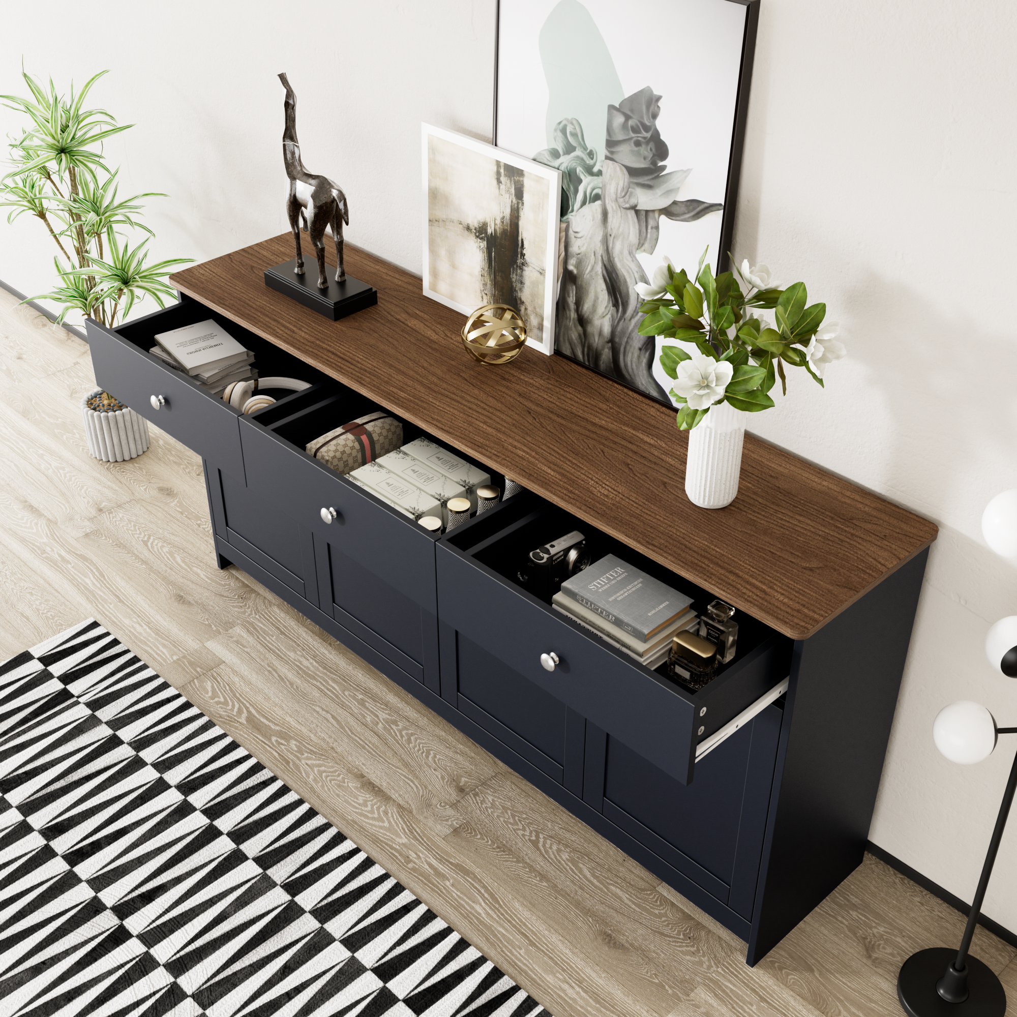 Logidon Dressoir Grijs Zwart Met Houtnerf 4 Deurs Drie Laden