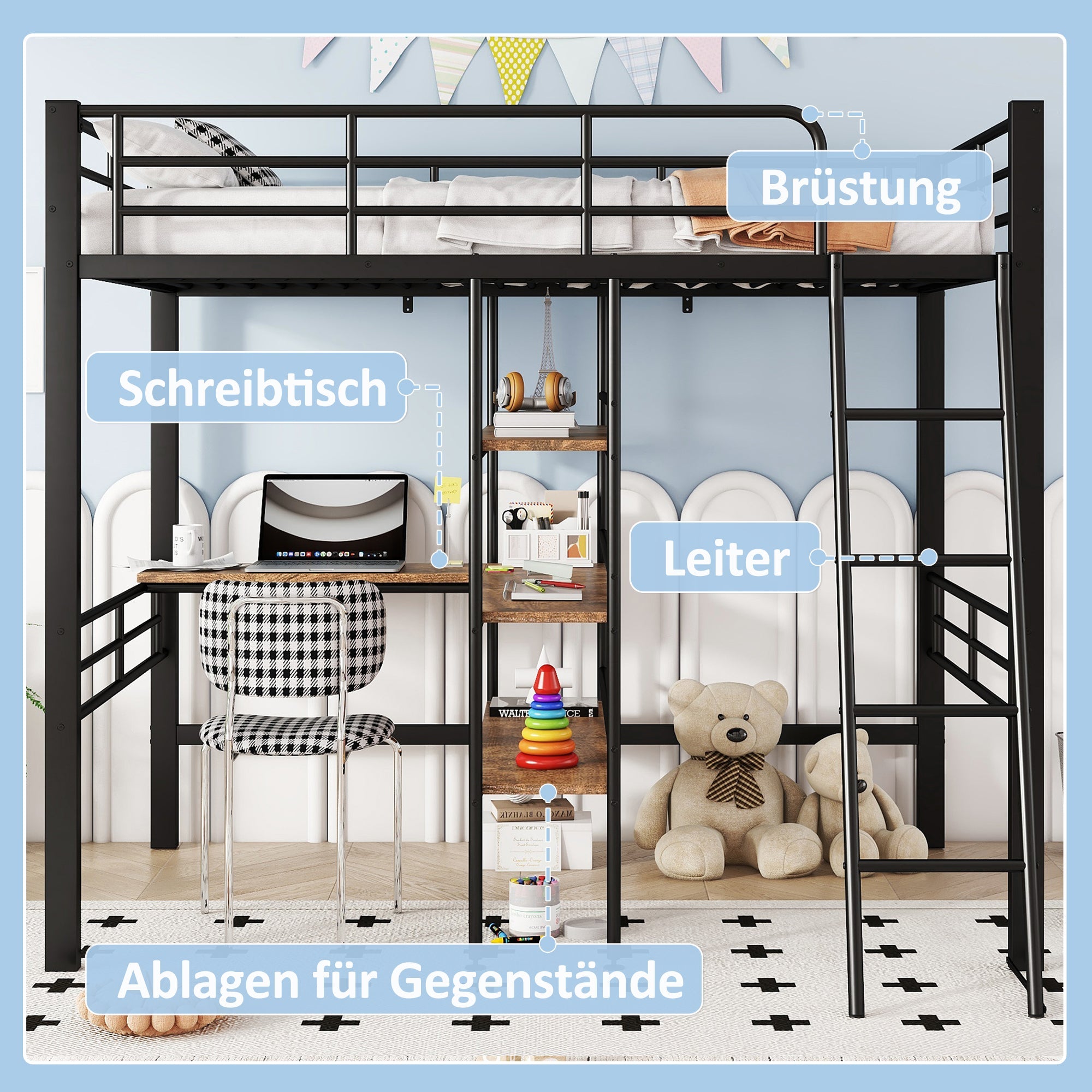 Logidon hoogslaper 90x200 cm met bureau, metalen frame zwart