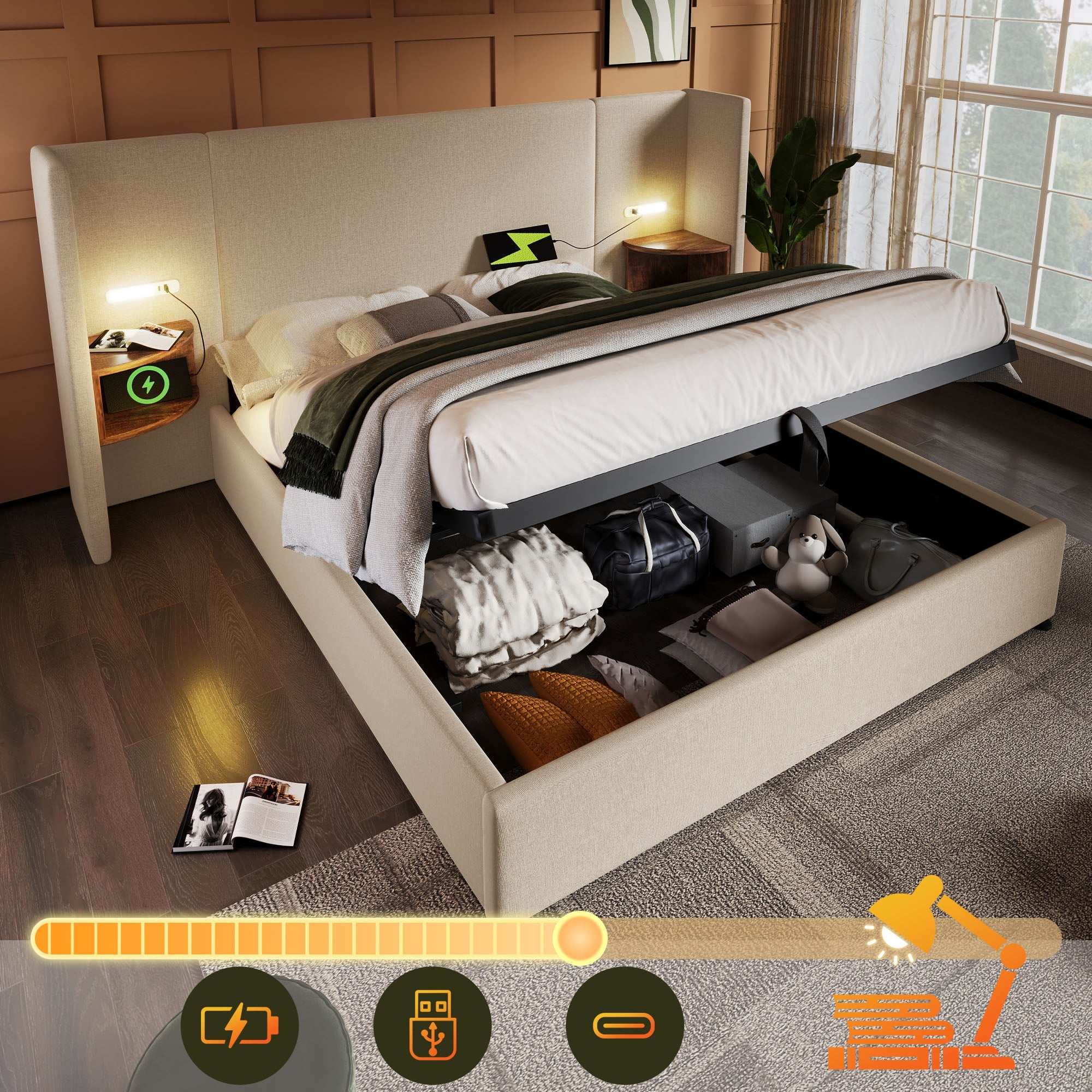 Logidon upholstered bed 160x200 beige with USB C charging function