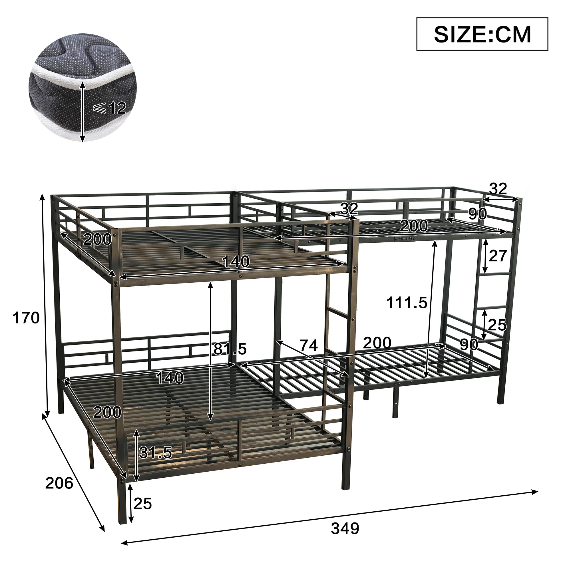 Logidon Stapelbed Metaal Zwart 90x200/140x200 Drietrapsladder