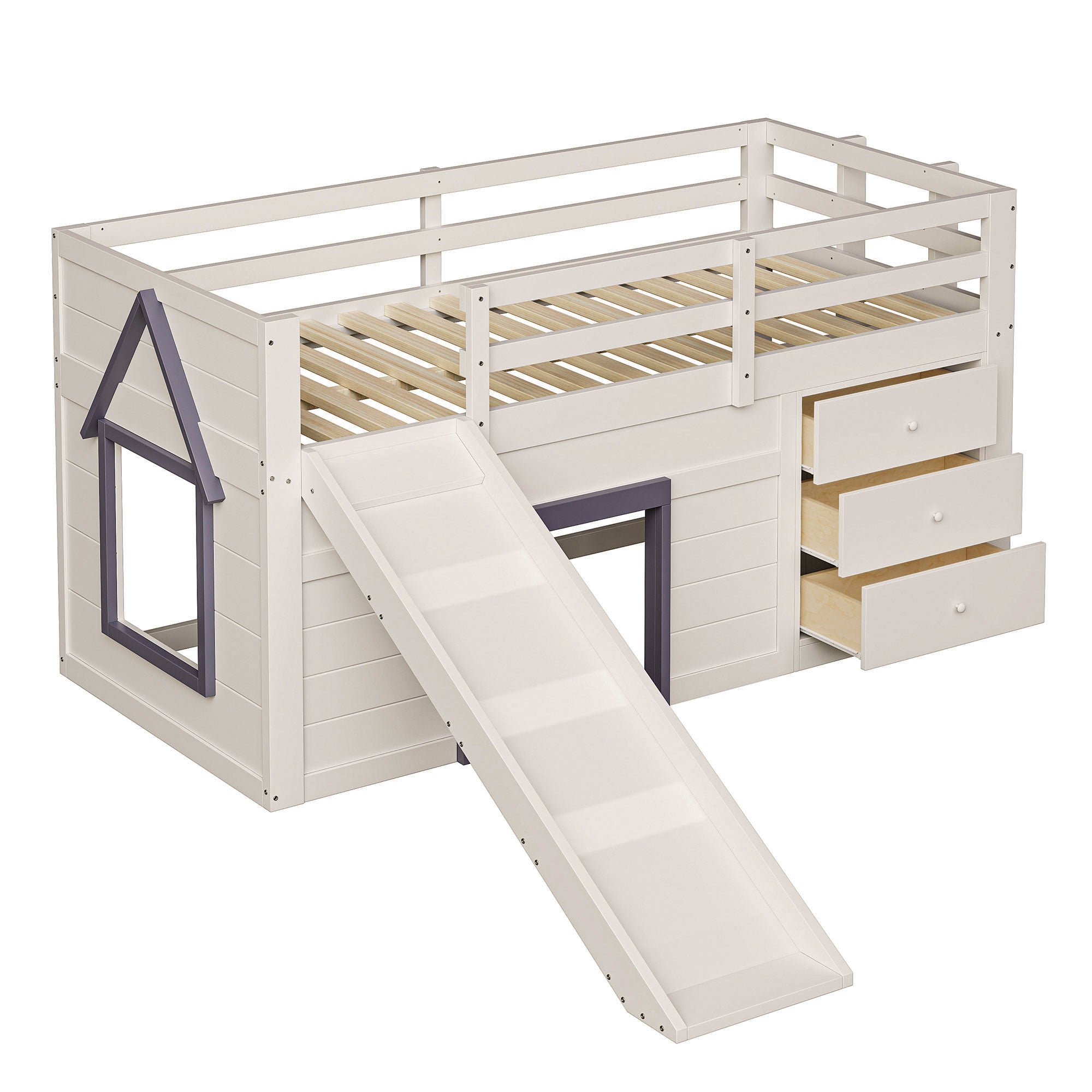 Logidon crème hoogslaper 90x200 met glijbaan, 3 lades, 2 deuren