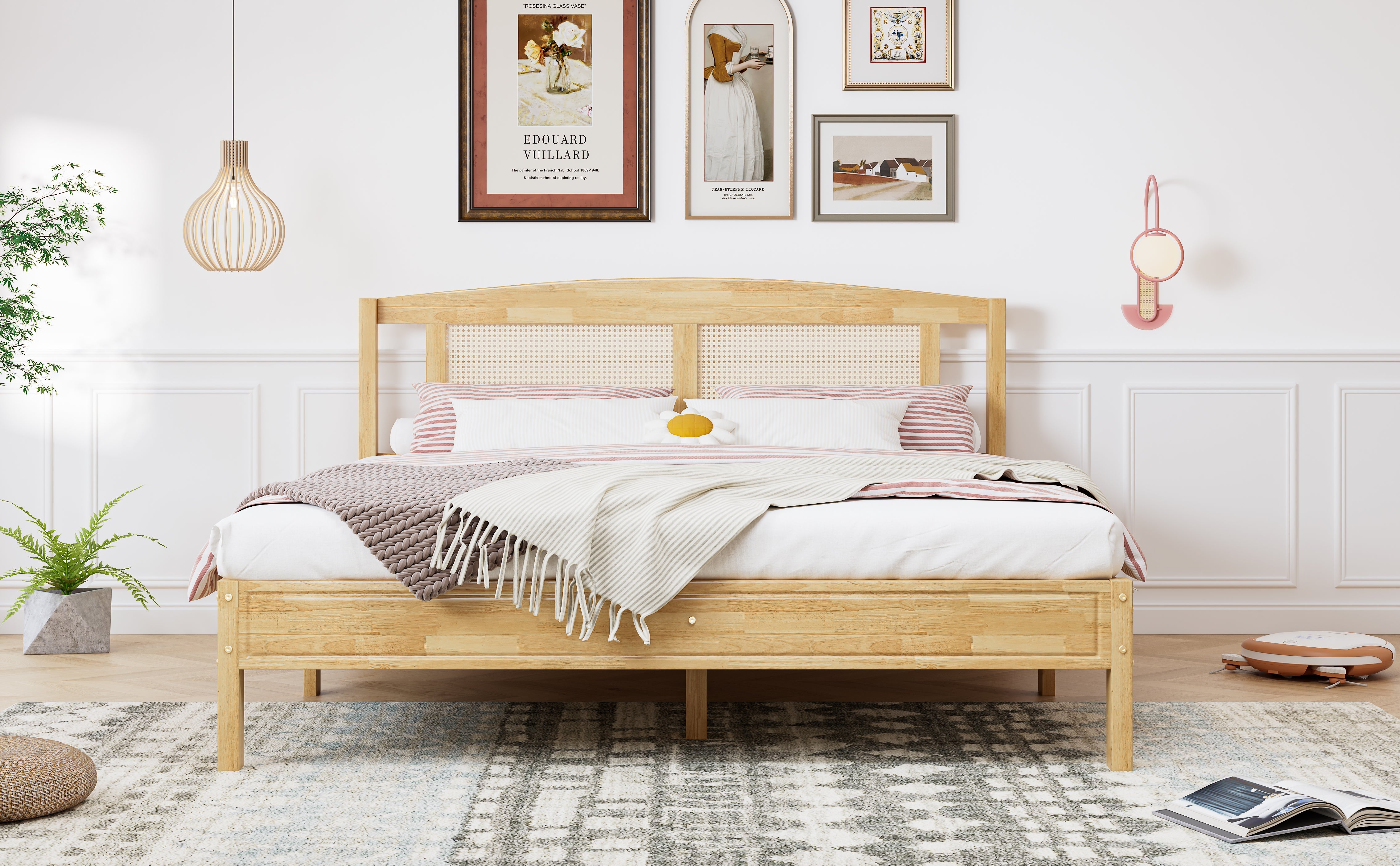 Logidon double bed 160x200 cm wood with natural rattan 15 slats