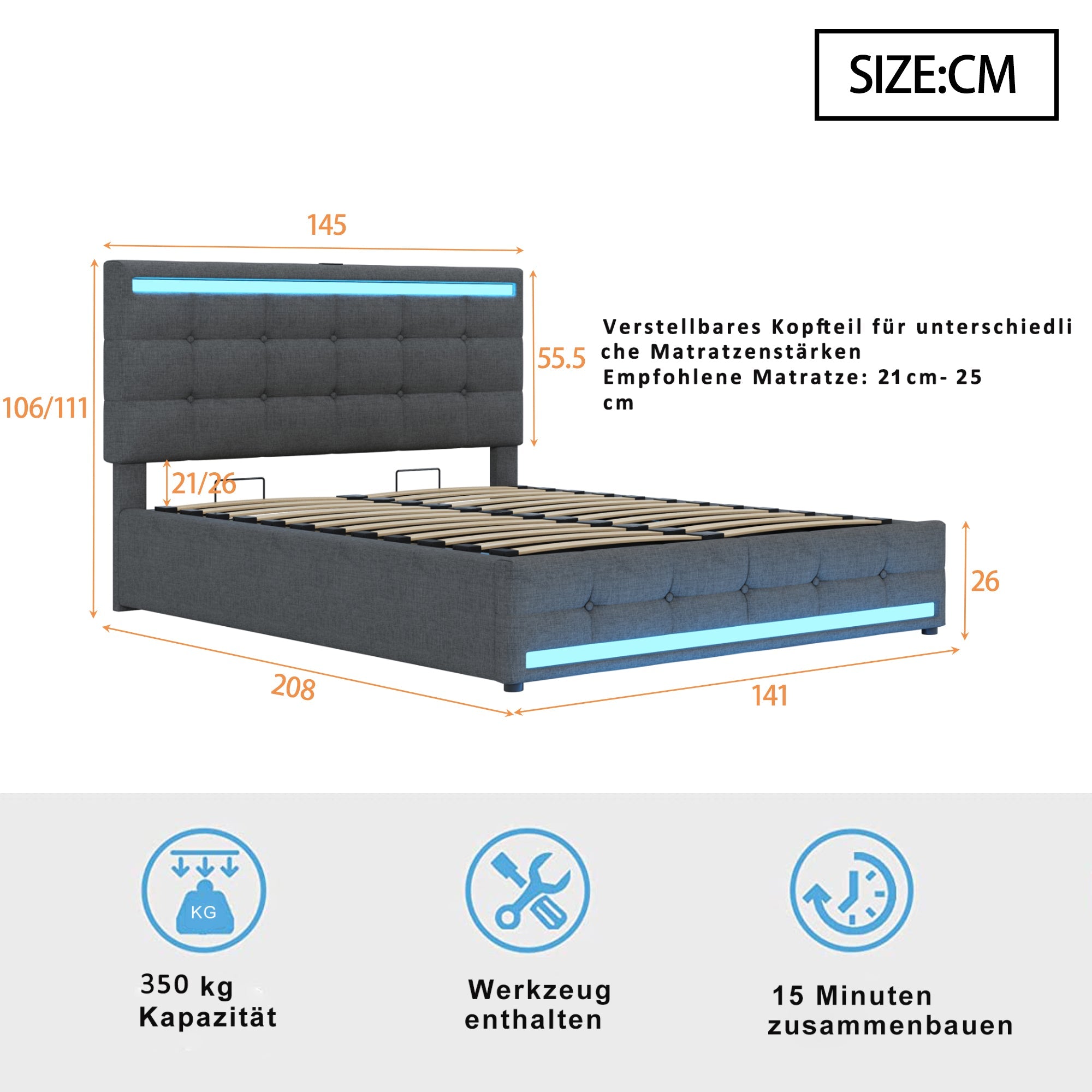 Logidon gestoffeerd bed 140x200 LED, opbergruimte, USB, grijs