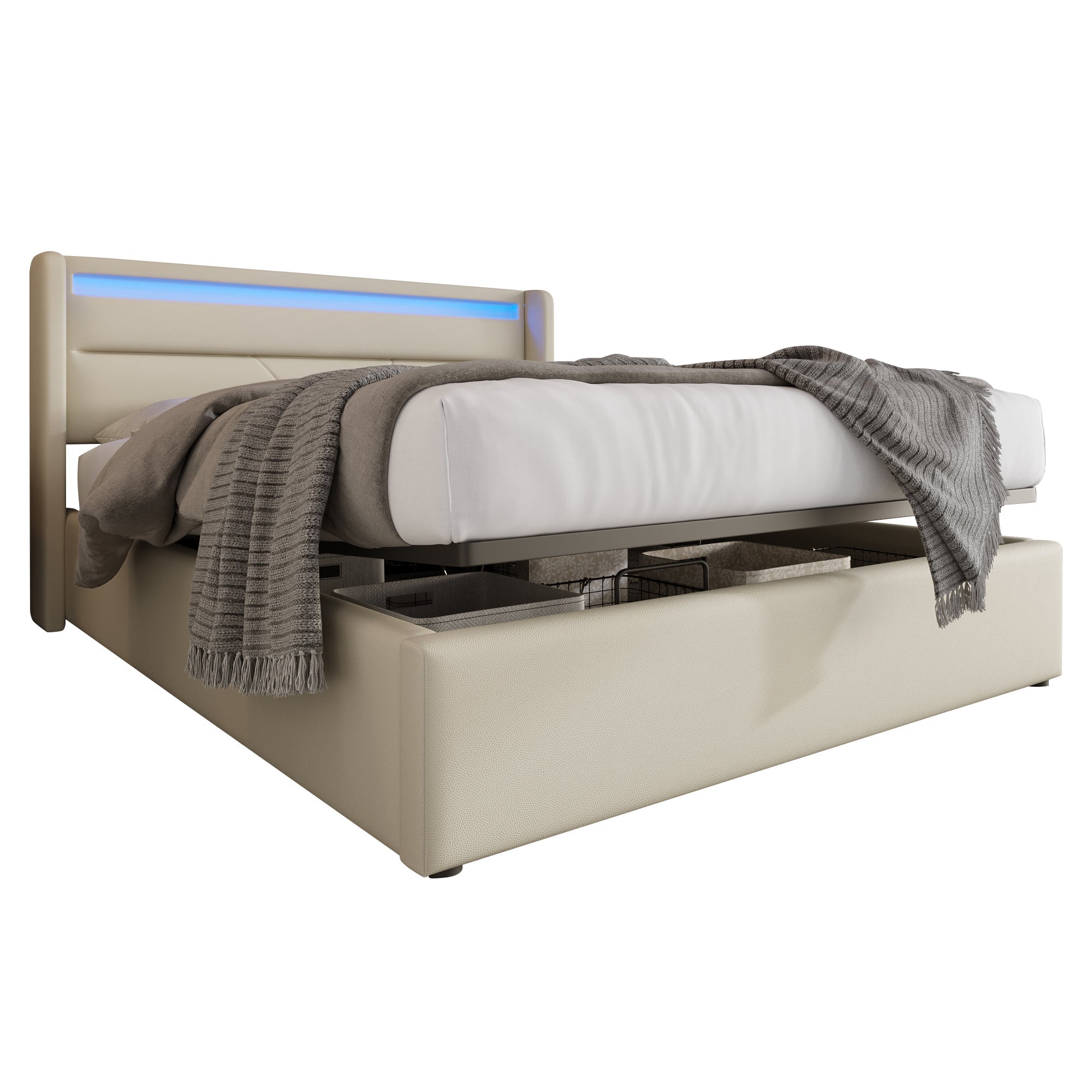 Logidon Hydraulisch Opbergbed Met LED Verlichting 140x200 Wit