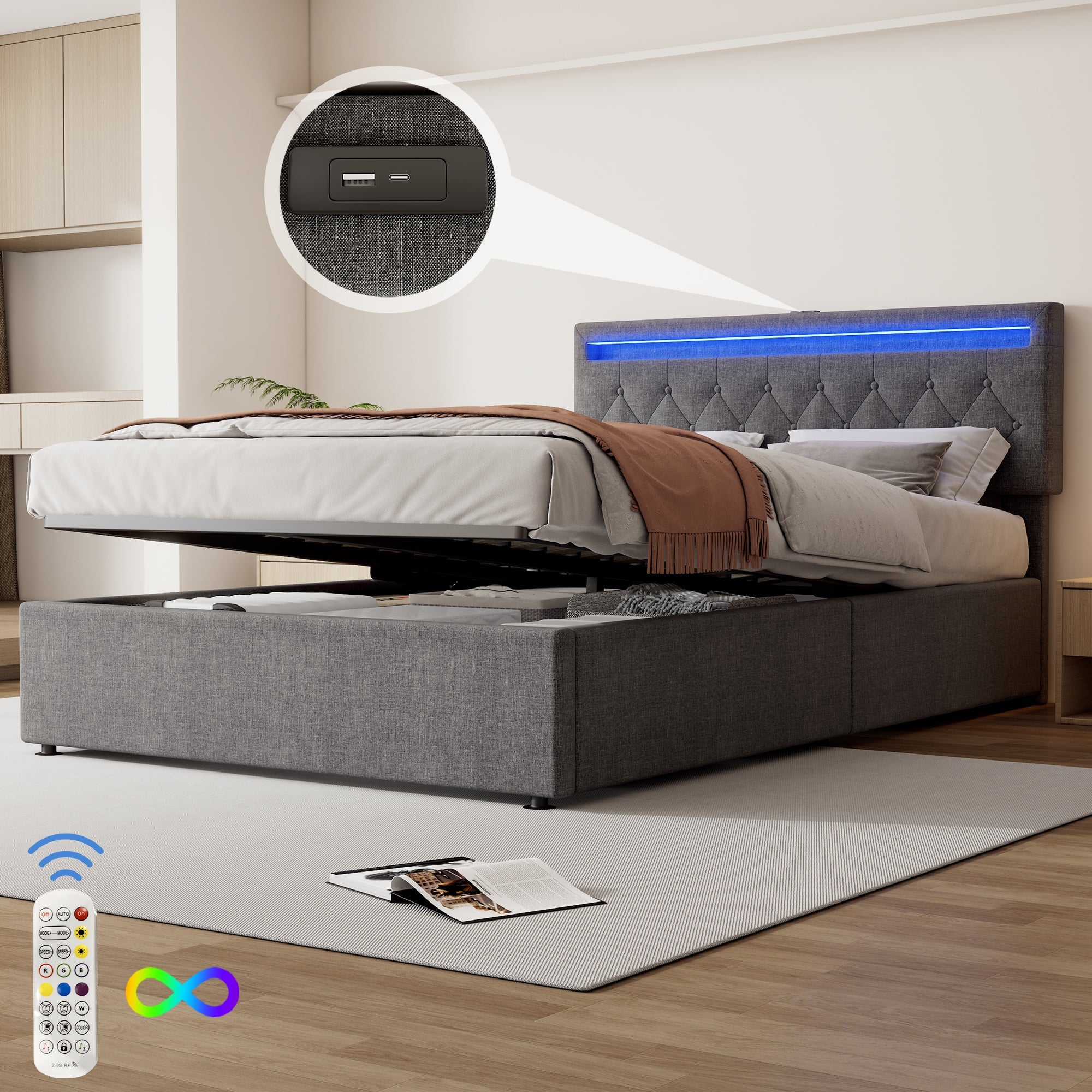 Logidon 140x200 cm gewatteerd bed met sfeerlichtopberger grijs