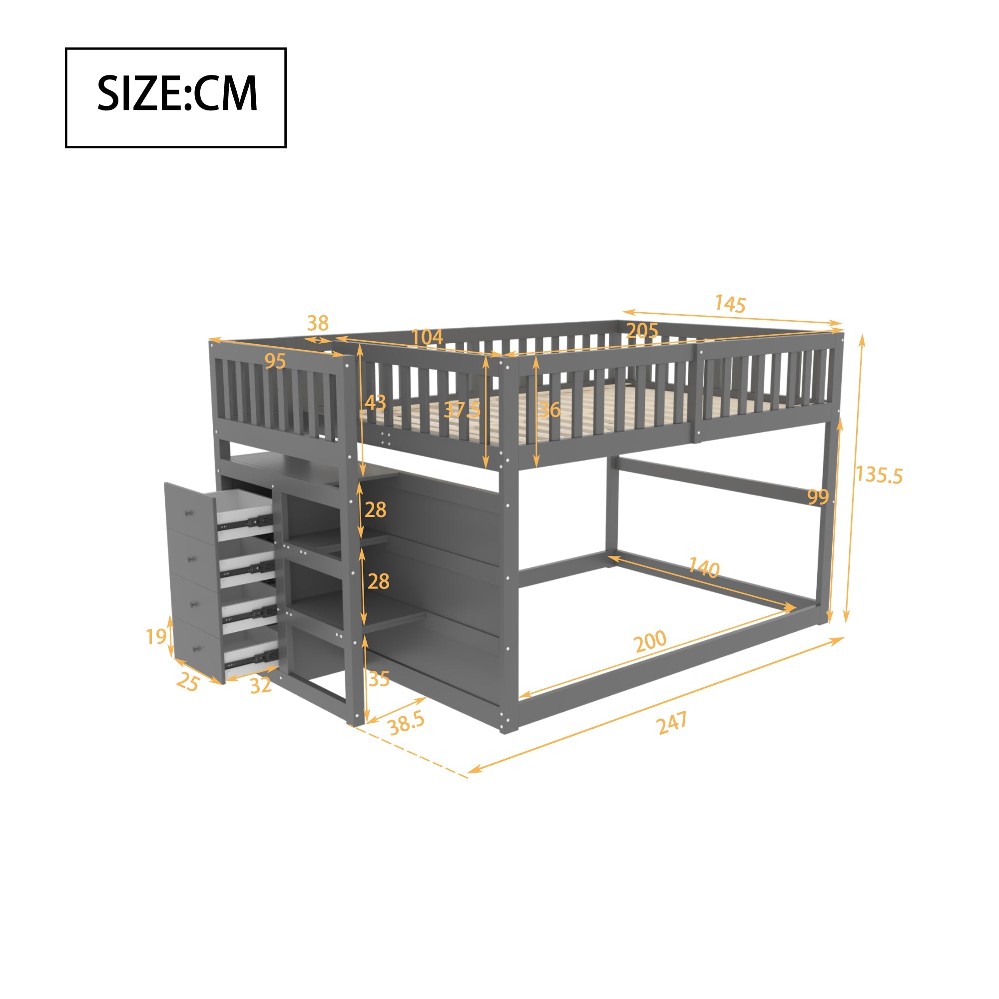 Logidon laag stapelbed 140x200 grijs veiligheidsstapelbed