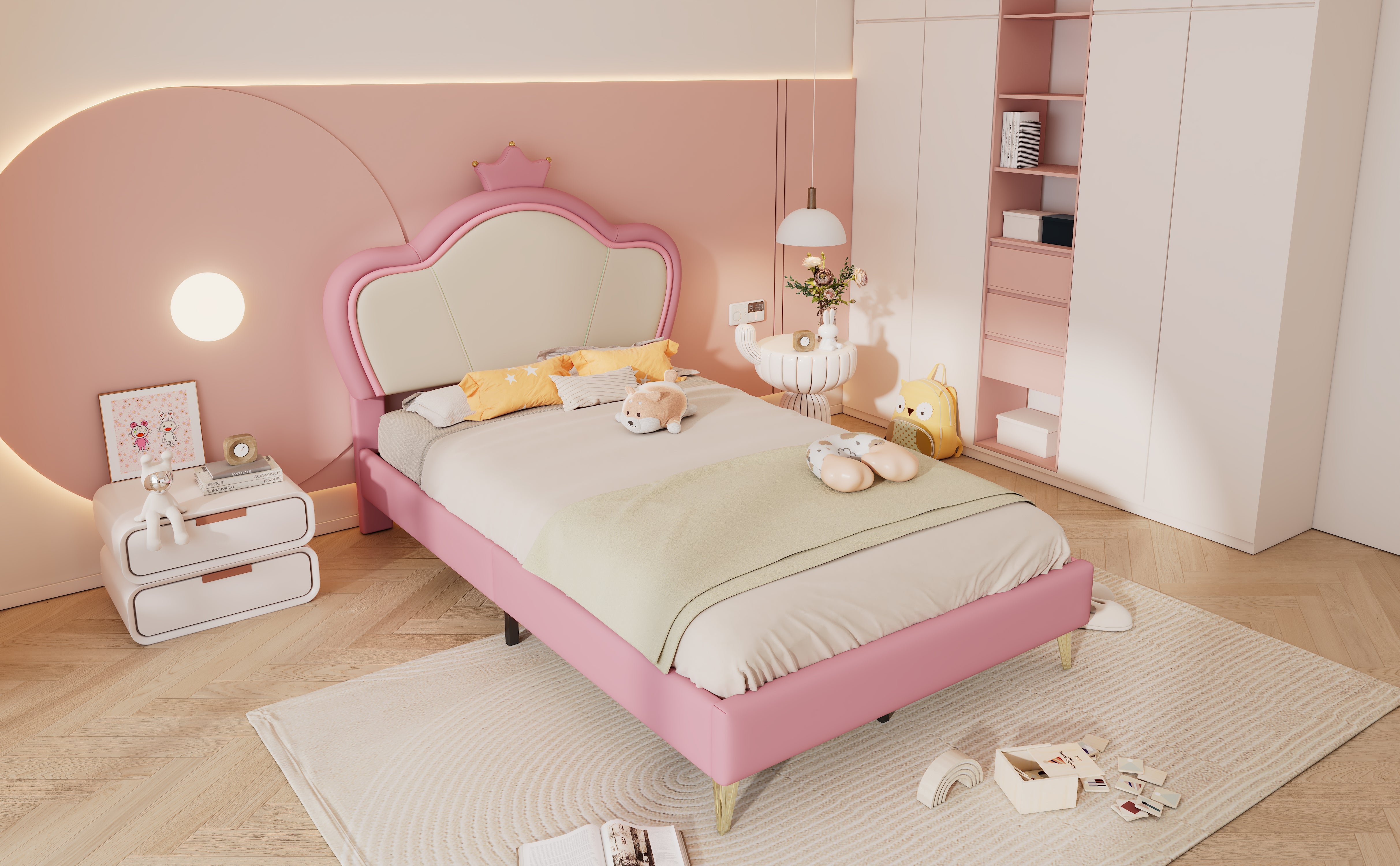 Logidon gestoffeerd bed kinderbed 90x200cm roze wit met kroonhoofdbord