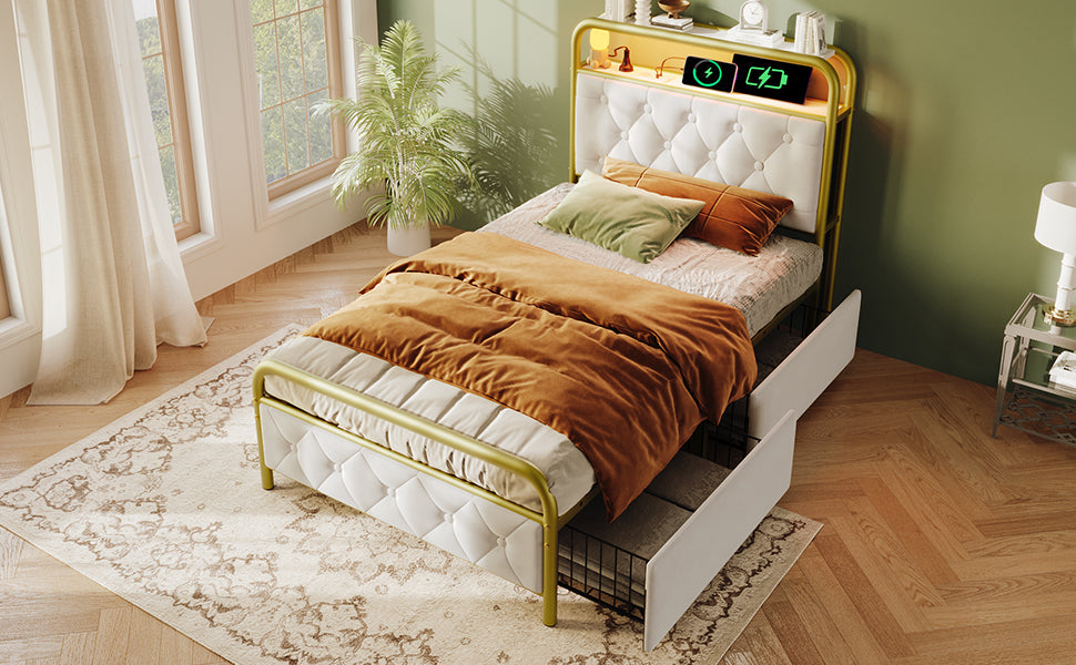 Logidon upholstered bed 90x200 USB C charging function LED white velvet drawers