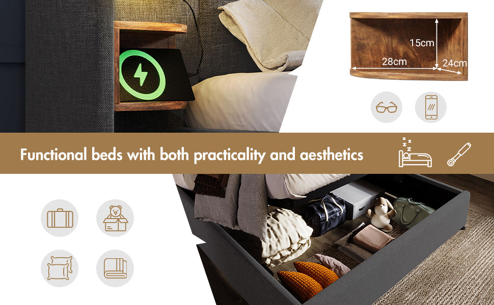 Logidon gestoffeerd bed tweepersoonsbed 180x200 grijs linnen nachtkastje USB C