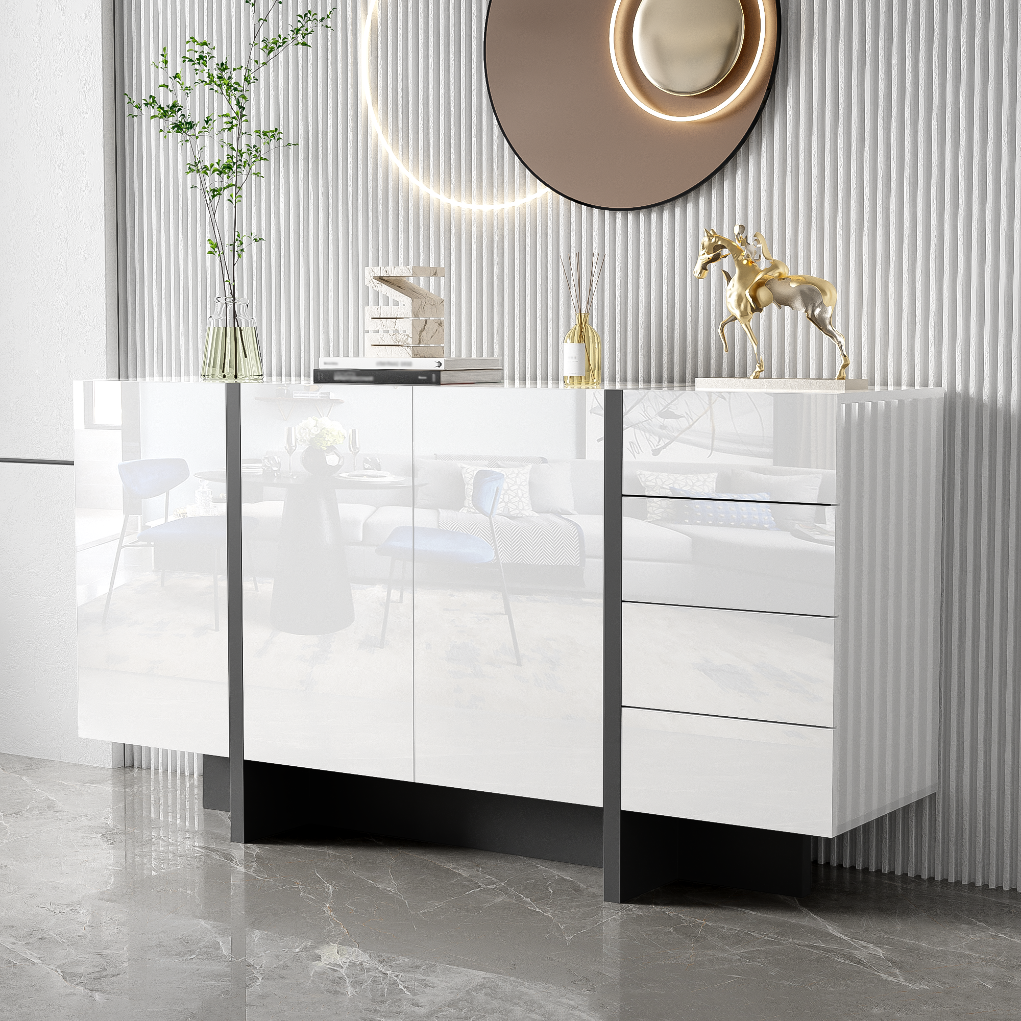 Logidon wit hoogglans dressoir 150x40x80,5 2 deuren 4 lades