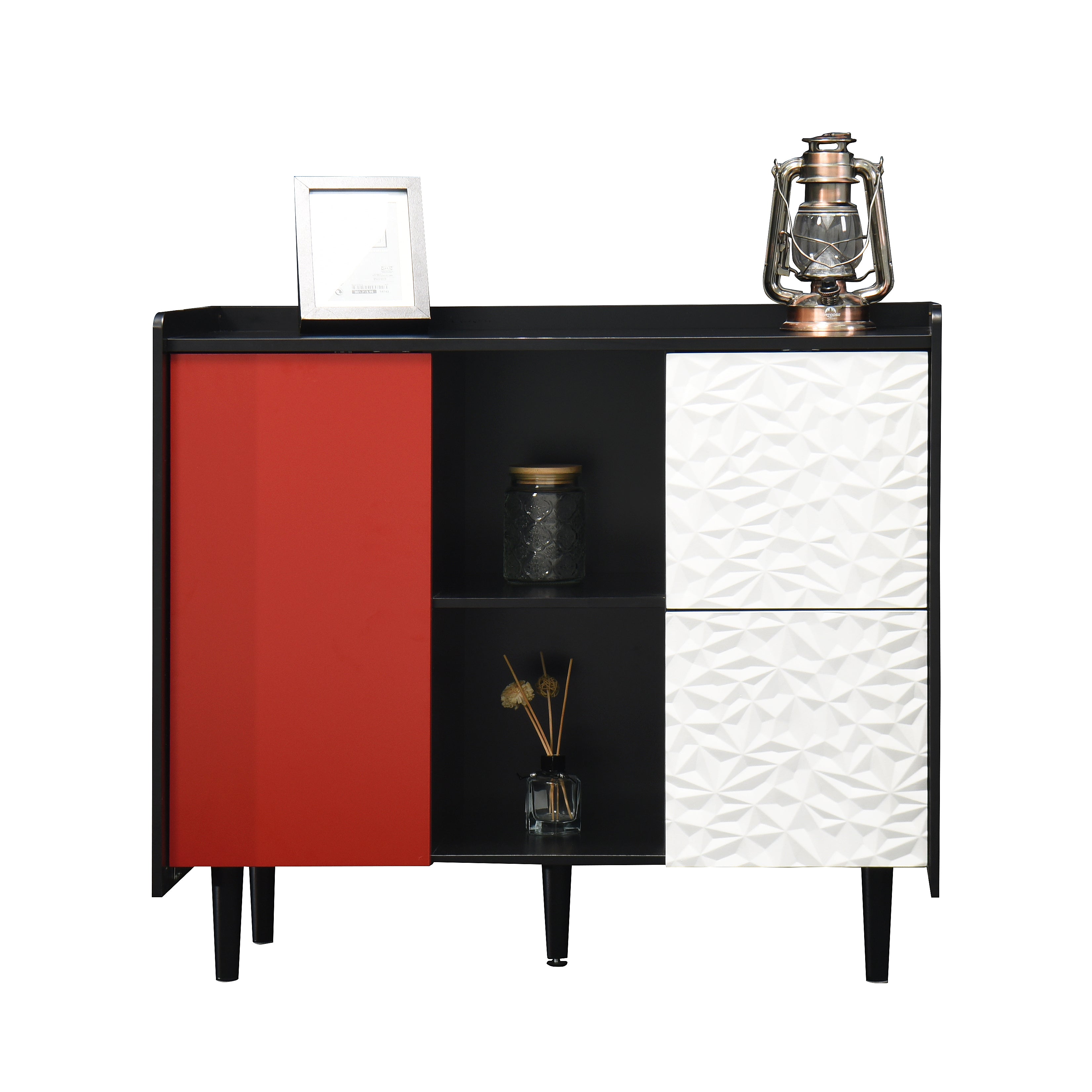 Logidon Dressoir Zwart Met Rode Deuren 2 Lades 90x40x80 cm