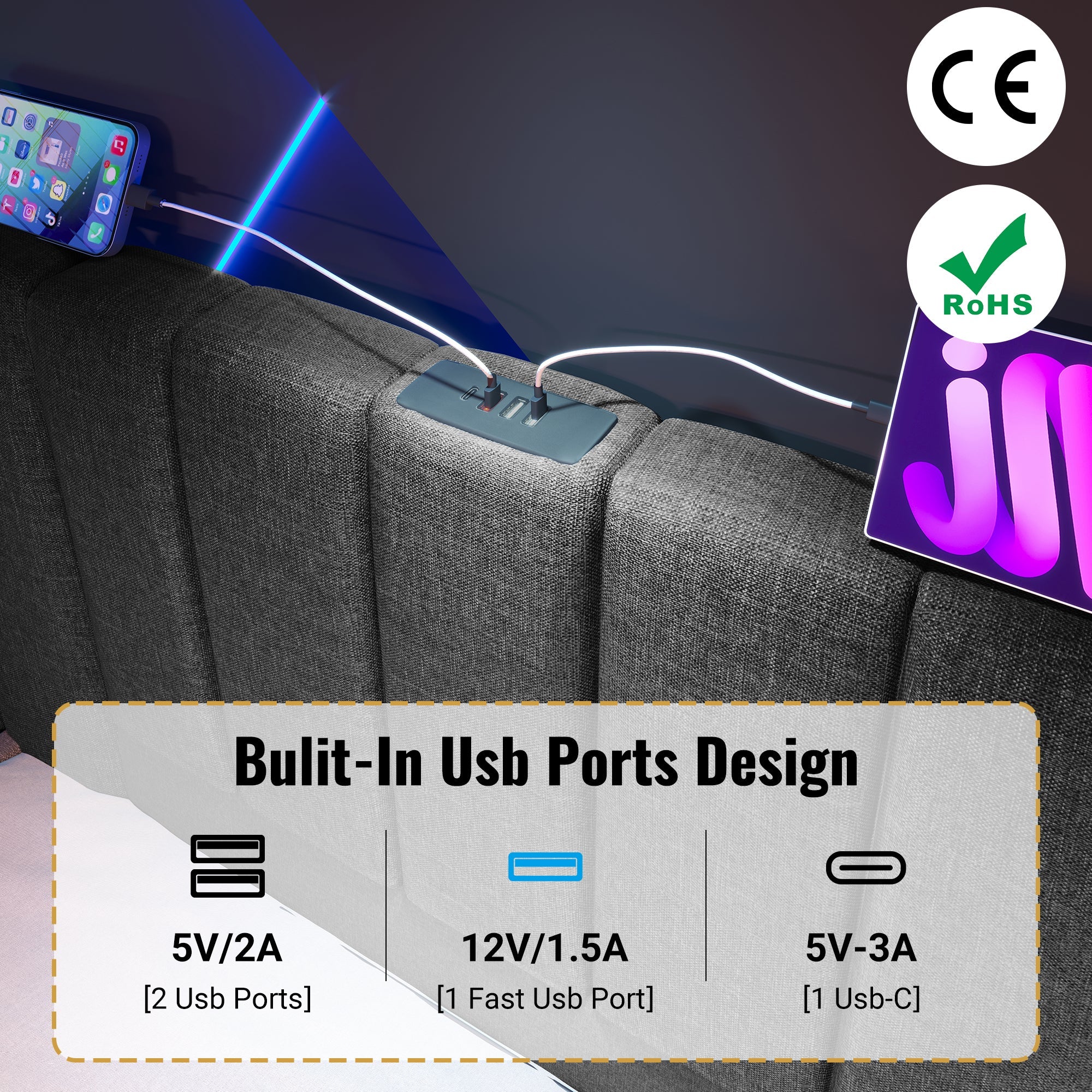 Logidon gestoffeerd bed 160x200 grijs met opbergruimte LED app bediening