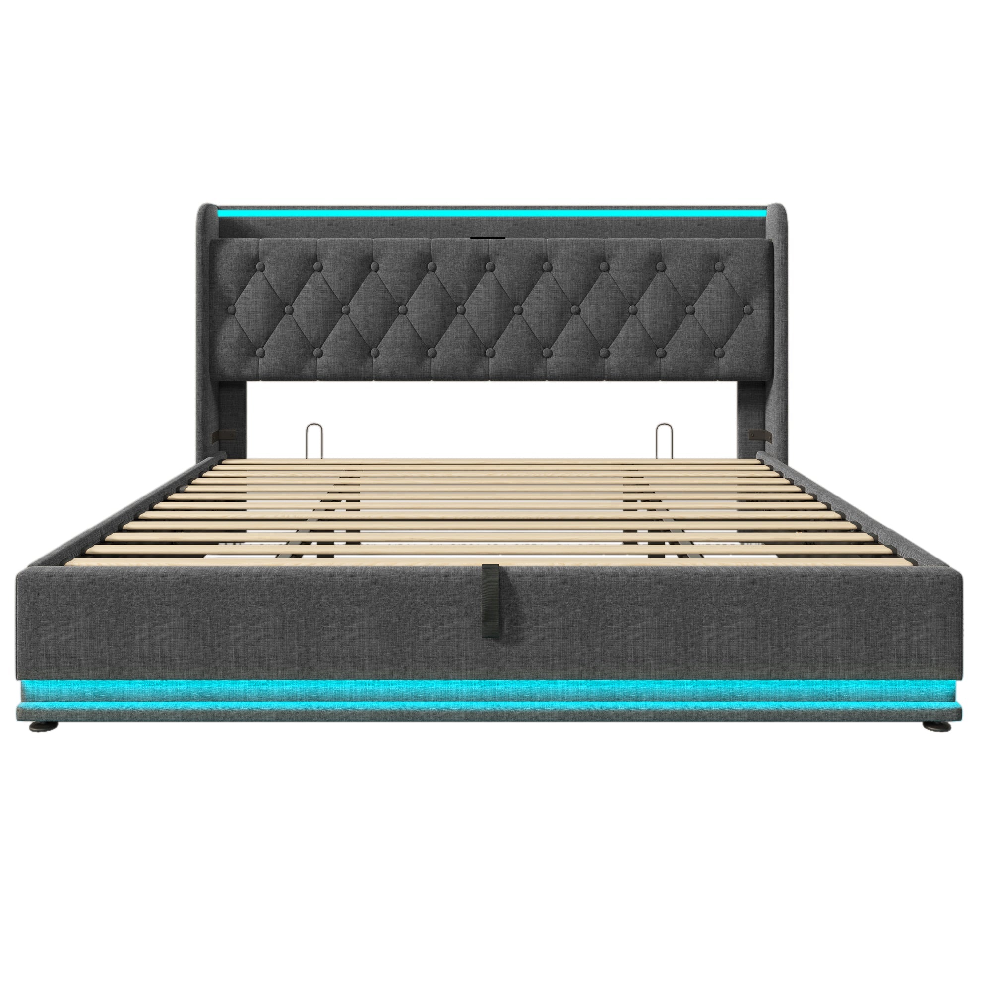 Logidon gestoffeerd bed tweepersoonsbed 180x200 cm grijs linnen LED-verlichting USB C
