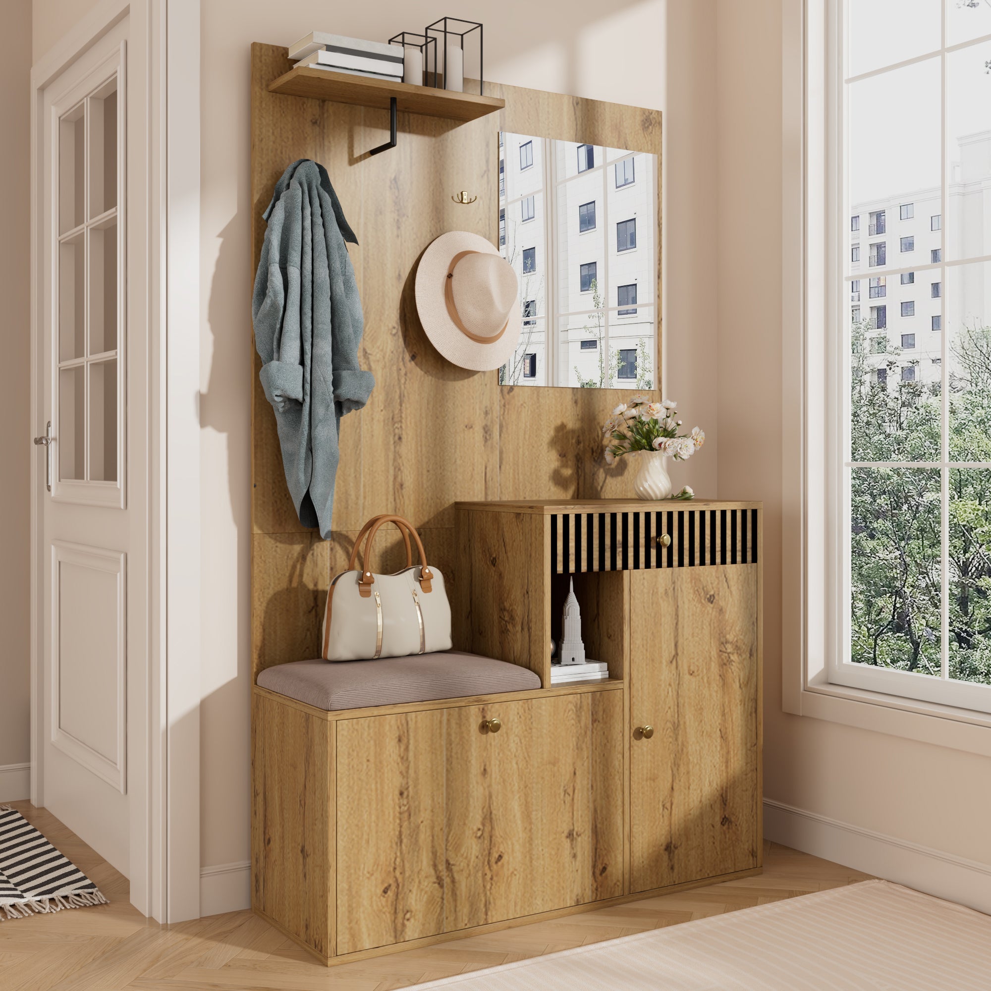 Logidon kledingkastset compacte kledingkast 110x185,5x37 cm natuurlijke MDF spiegel