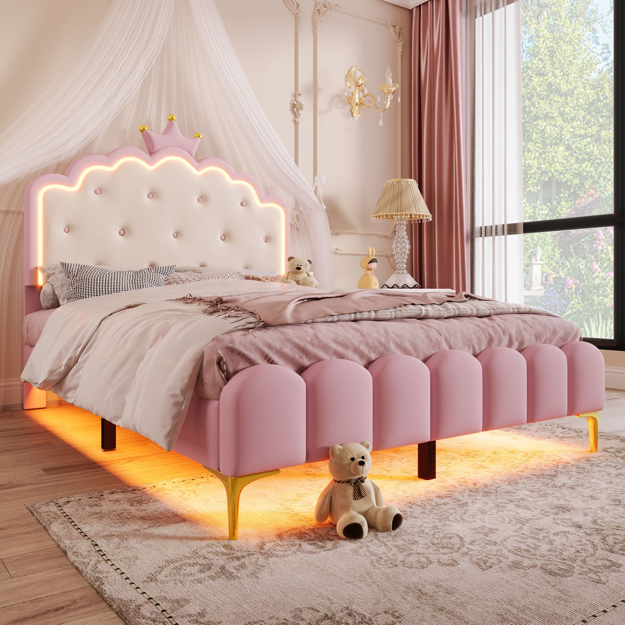 Logidon gestoffeerd bed 140x200 roze met lattenbodem LED-verlichting