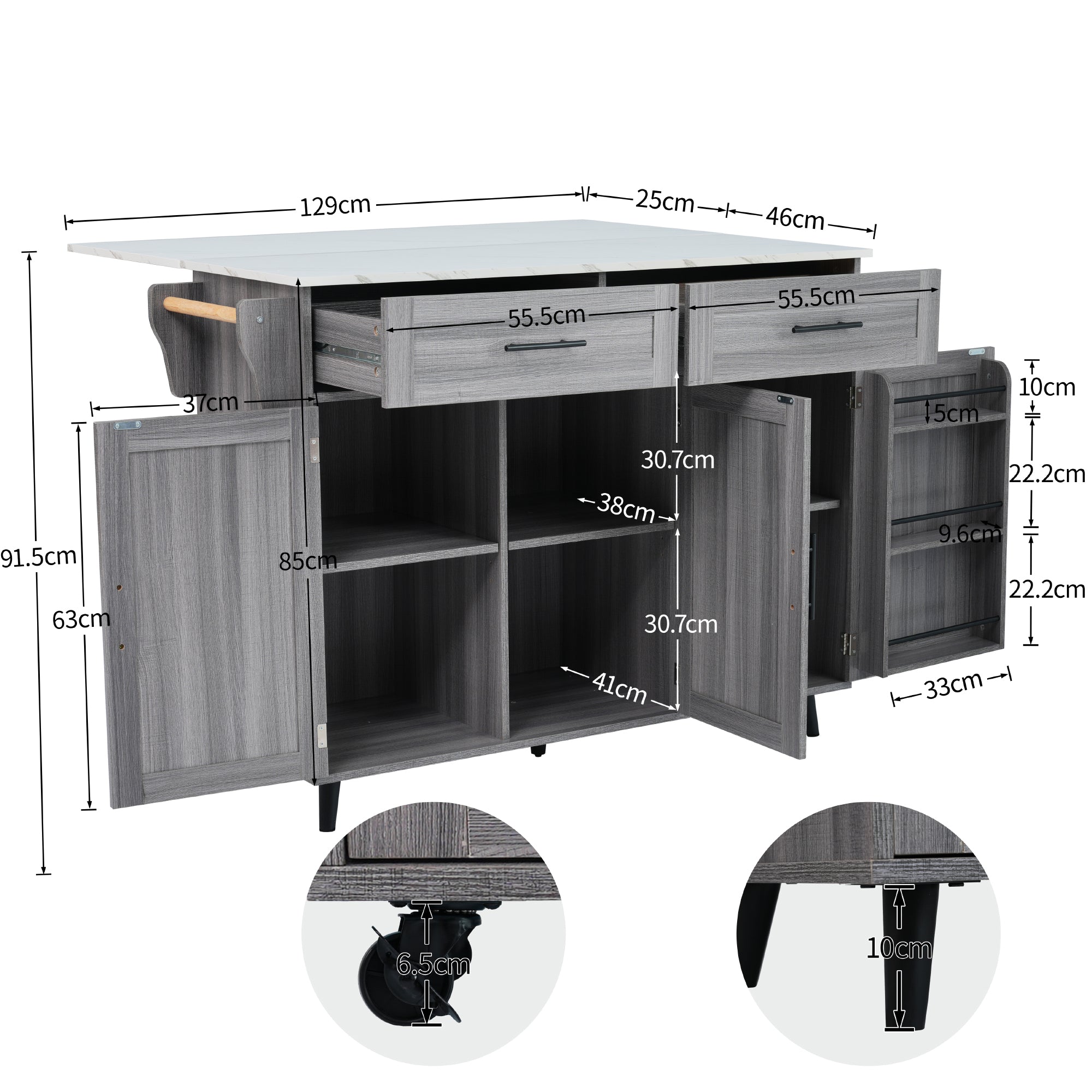 Logidon Kitchen Island with Wheels Extendable Worktop White Marble