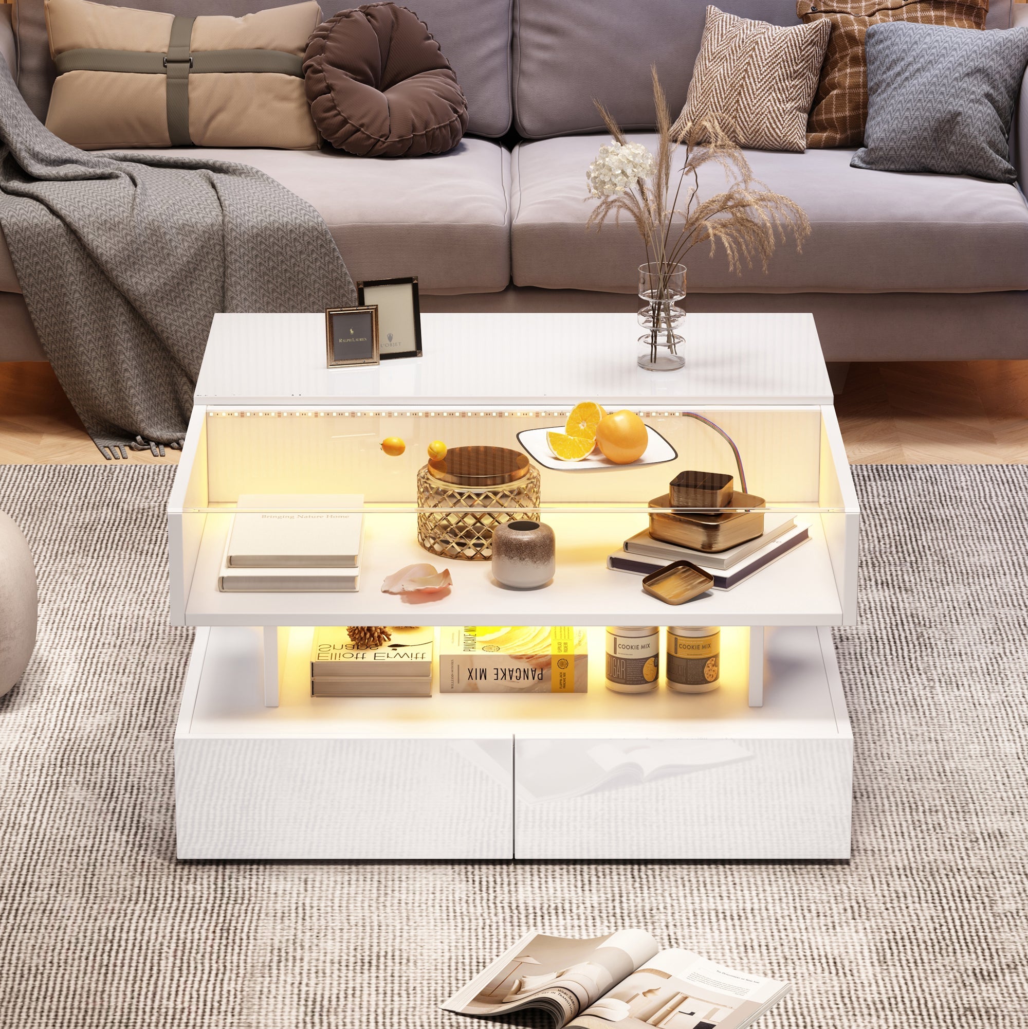 Logidon In hoogte verstelbare salontafel 80x80 cm witte LED opbergruimte