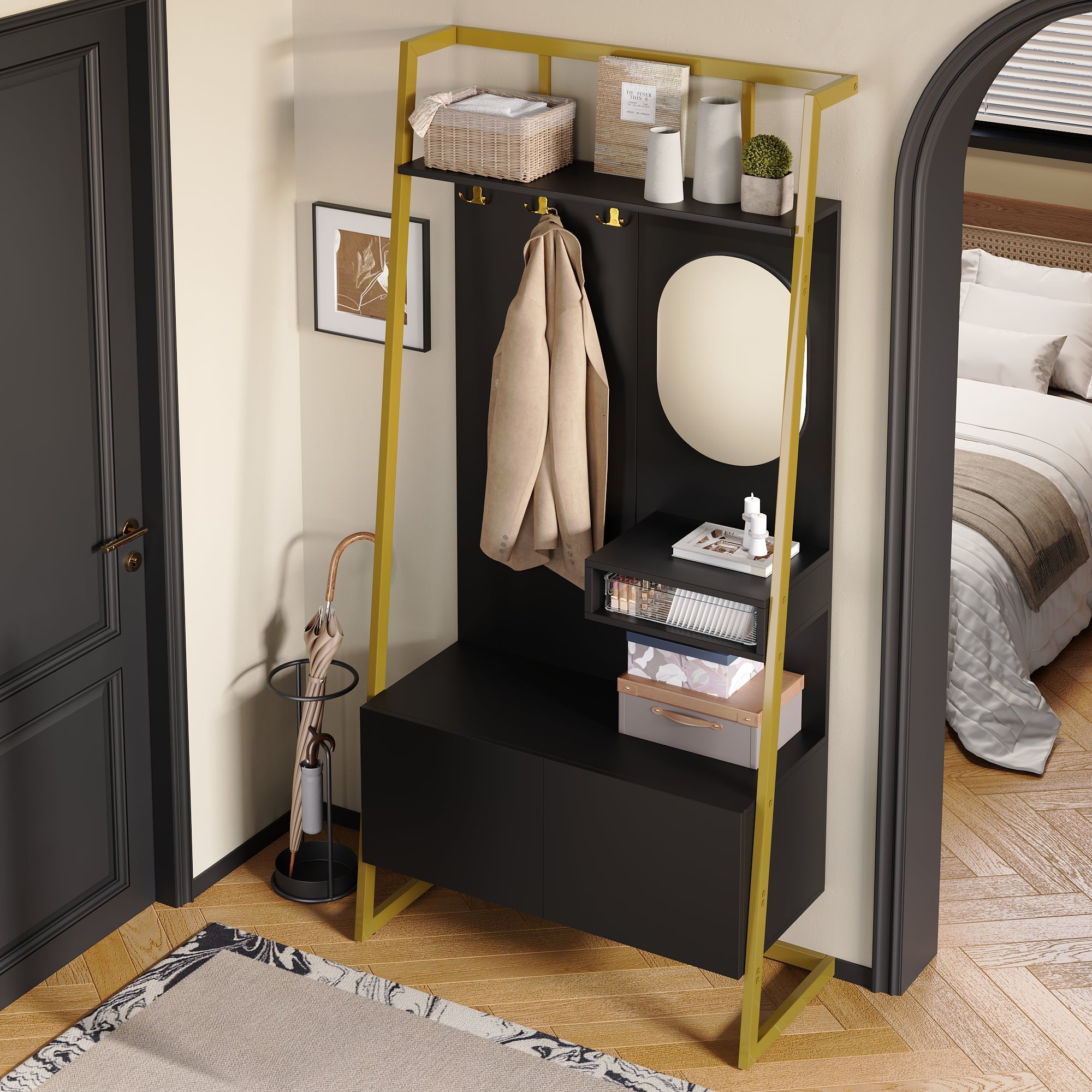 Logidon Modern Compact Wardrobe Box Mirror Shoe Bench Black 78 x 38.5 x 180.5 cm