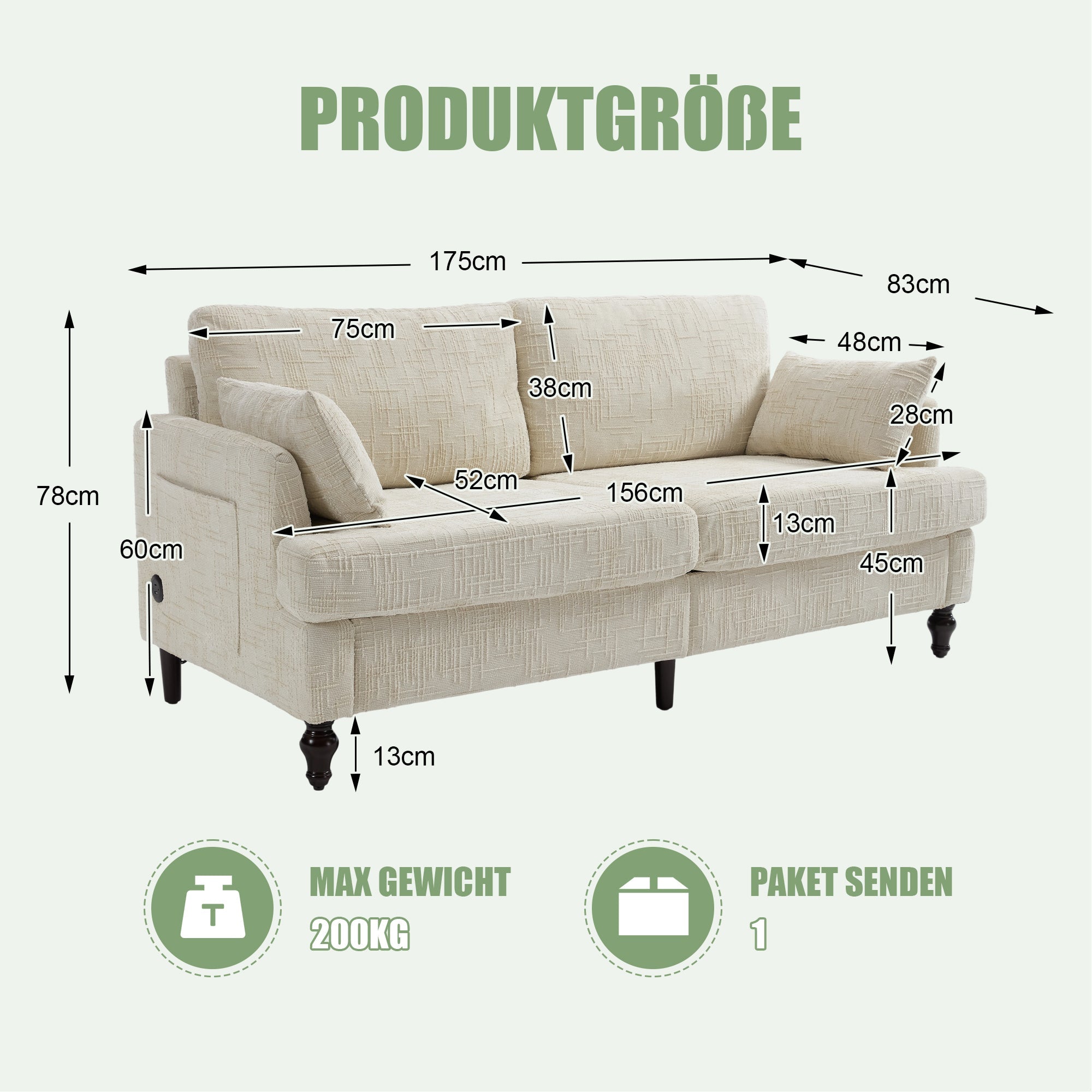 Logidon tweezitsbank van chenille, beige LED-USB-opbergruimte, houten poten