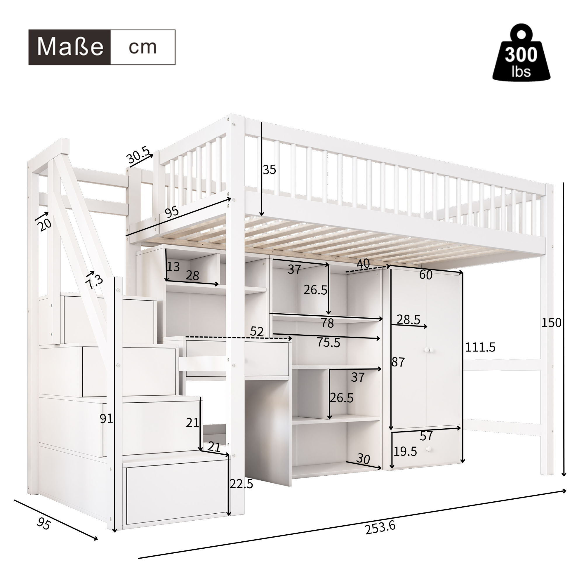 Logidon Kinderbed Loft Met Bureau Opbergruimte 90x200 Wit
