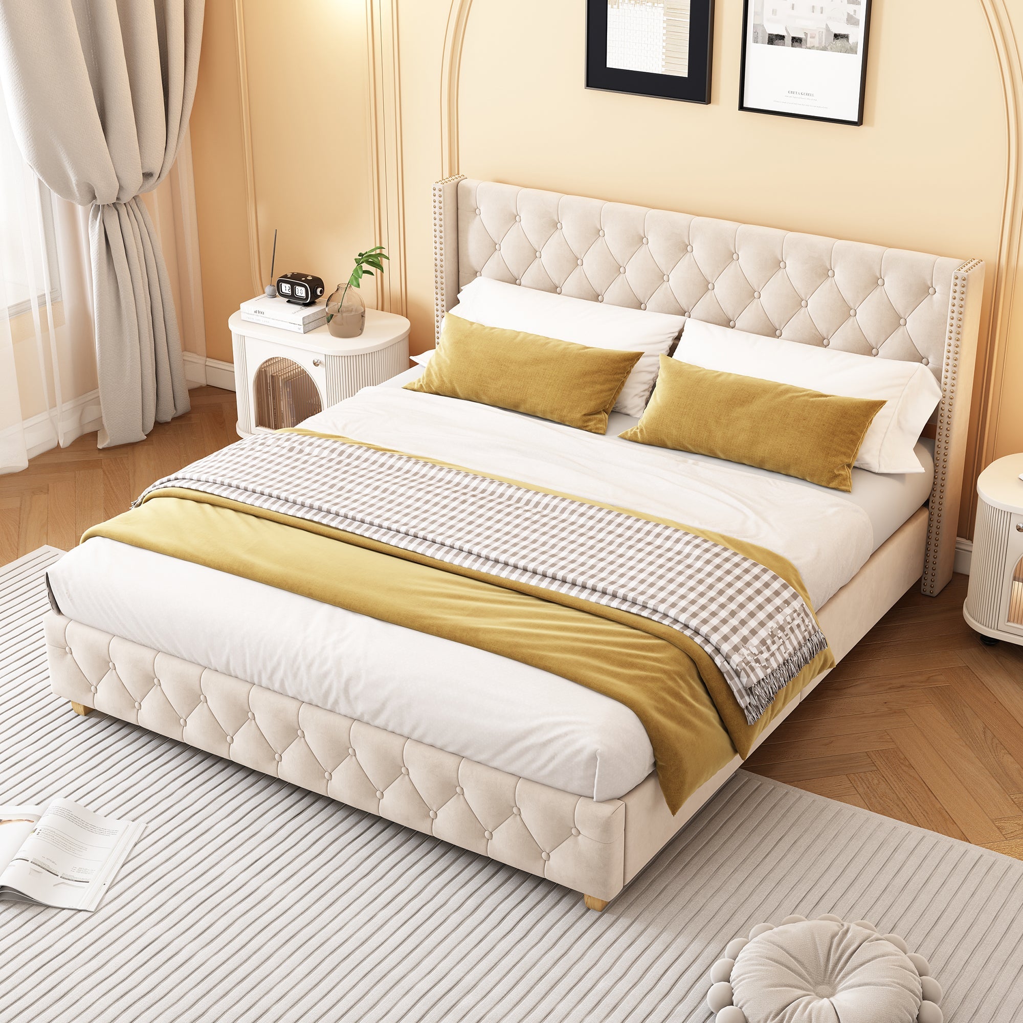 Logidon gestoffeerd bed 160x200 cm fluweel lichtbeige met lattenbodem