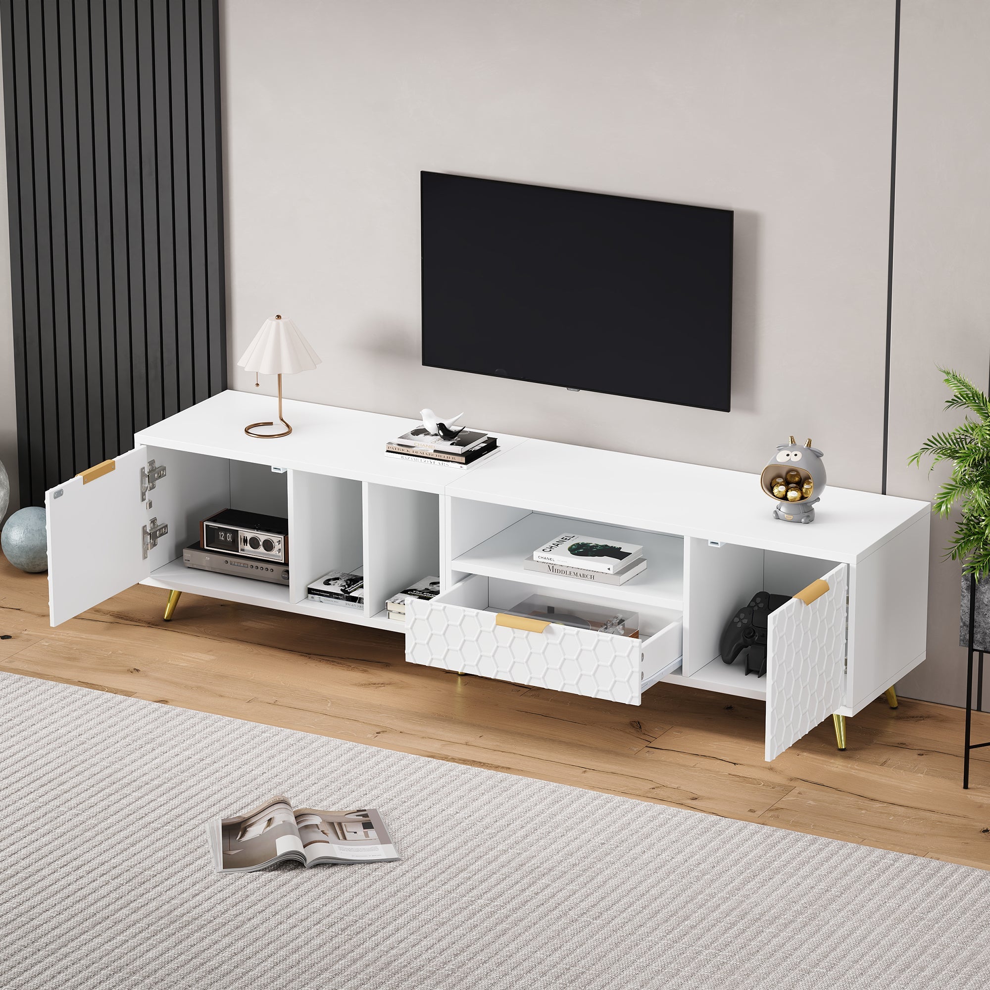 Logidon White TV Stand with Honeycomb Pattern and Storage Space for up to 80 Inches
