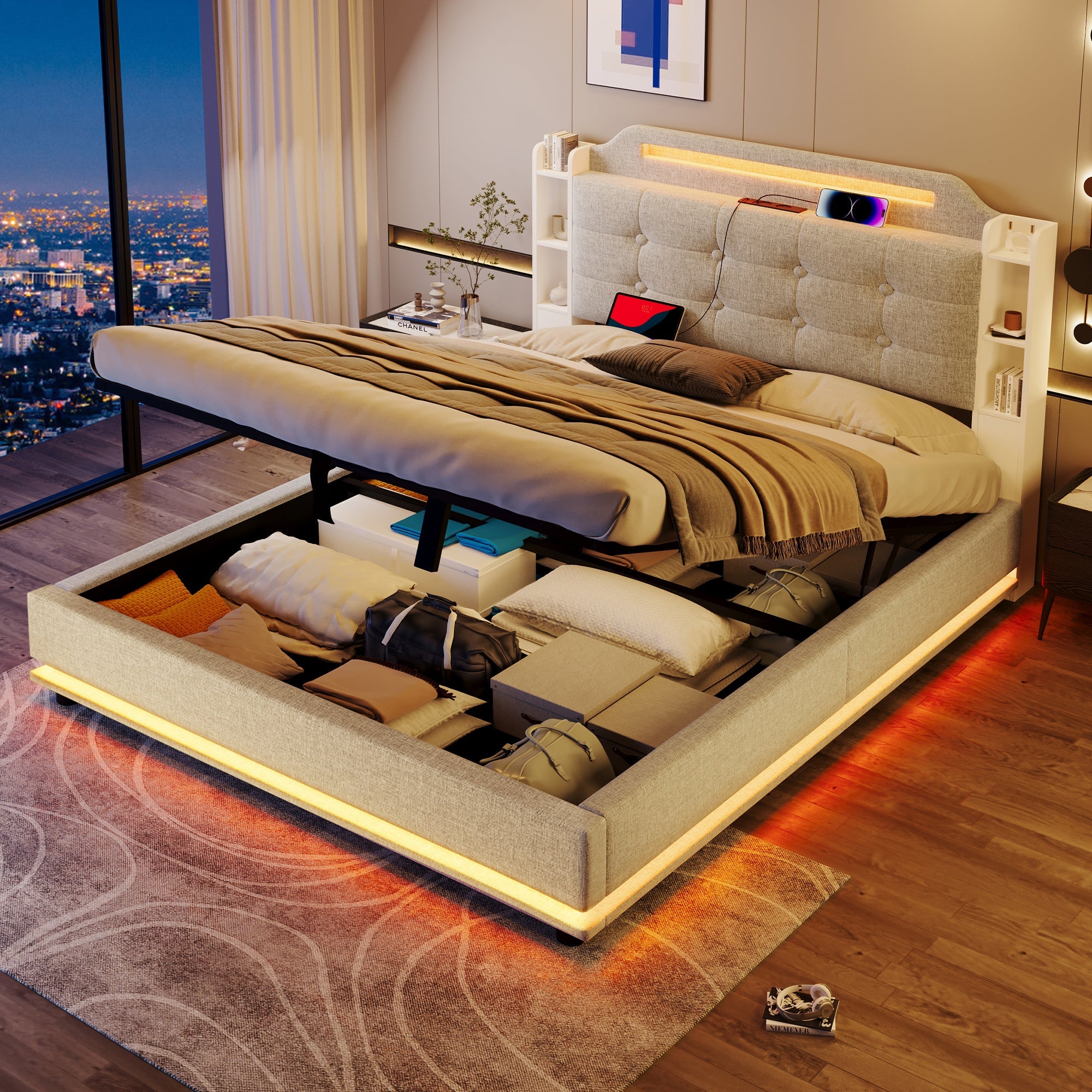 Logidon gestoffeerd bed 140x200 beige met LED lichtstrip en opbergruimte