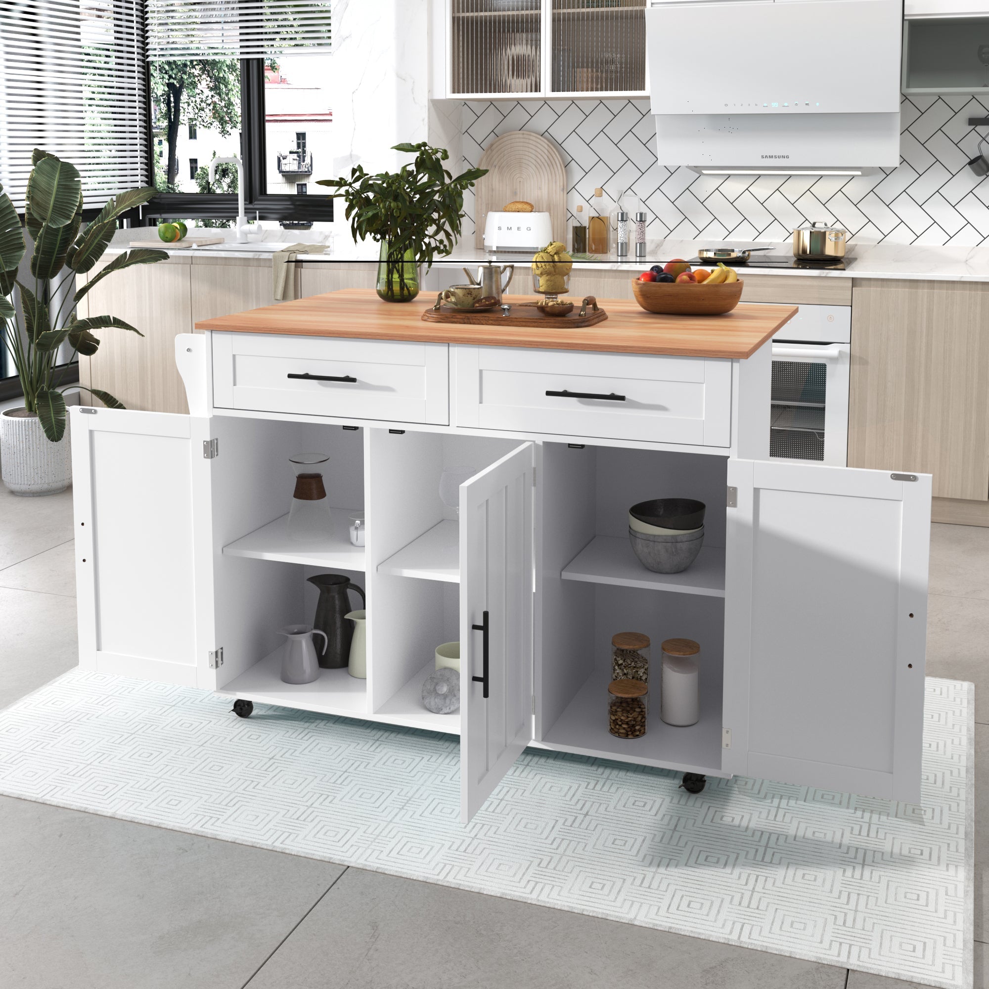Logidon keukeneiland 129x46 cm met opklapbaar tafelblad, 5 wielen, wit