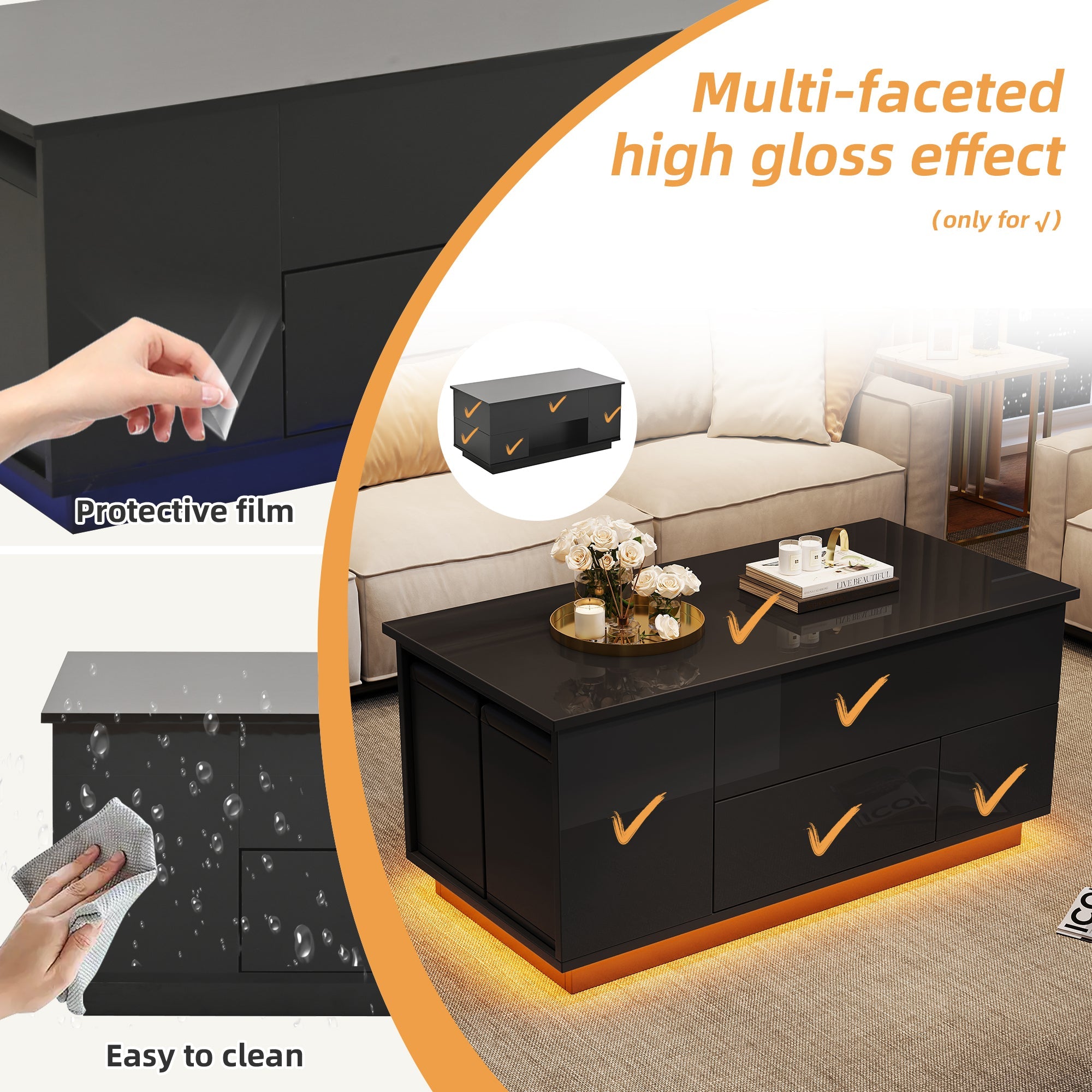 Logidon 4-in-1 in hoogte verstelbare salontafel zwart 100x50x45 cm LED