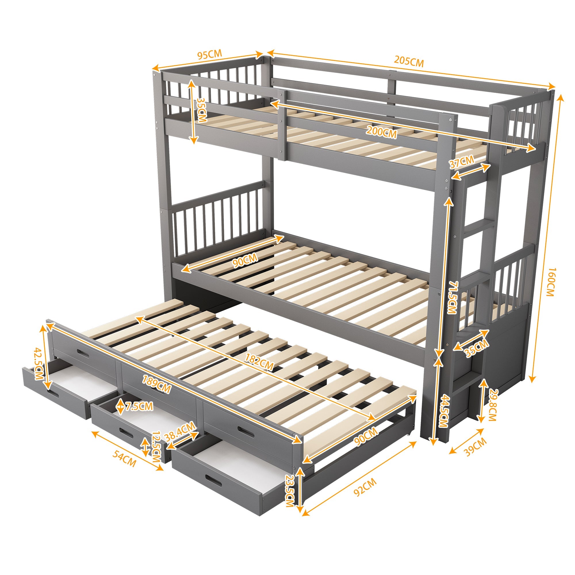 Logidon Bunk Bed 90x200 Gray With Pull-out Bed and 3 Drawers