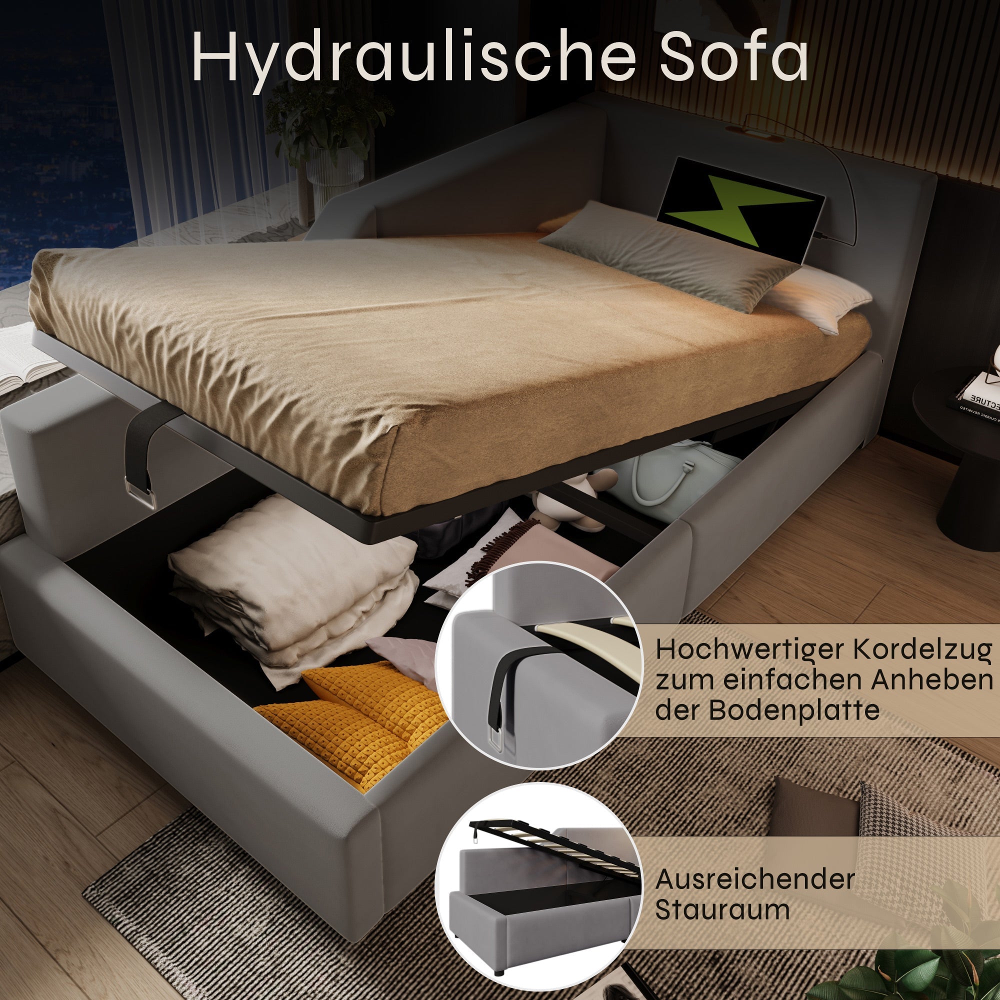Logidon Gestoffeerd Dagbed 90x190 met Hydraulische Opbergruimte Grijs