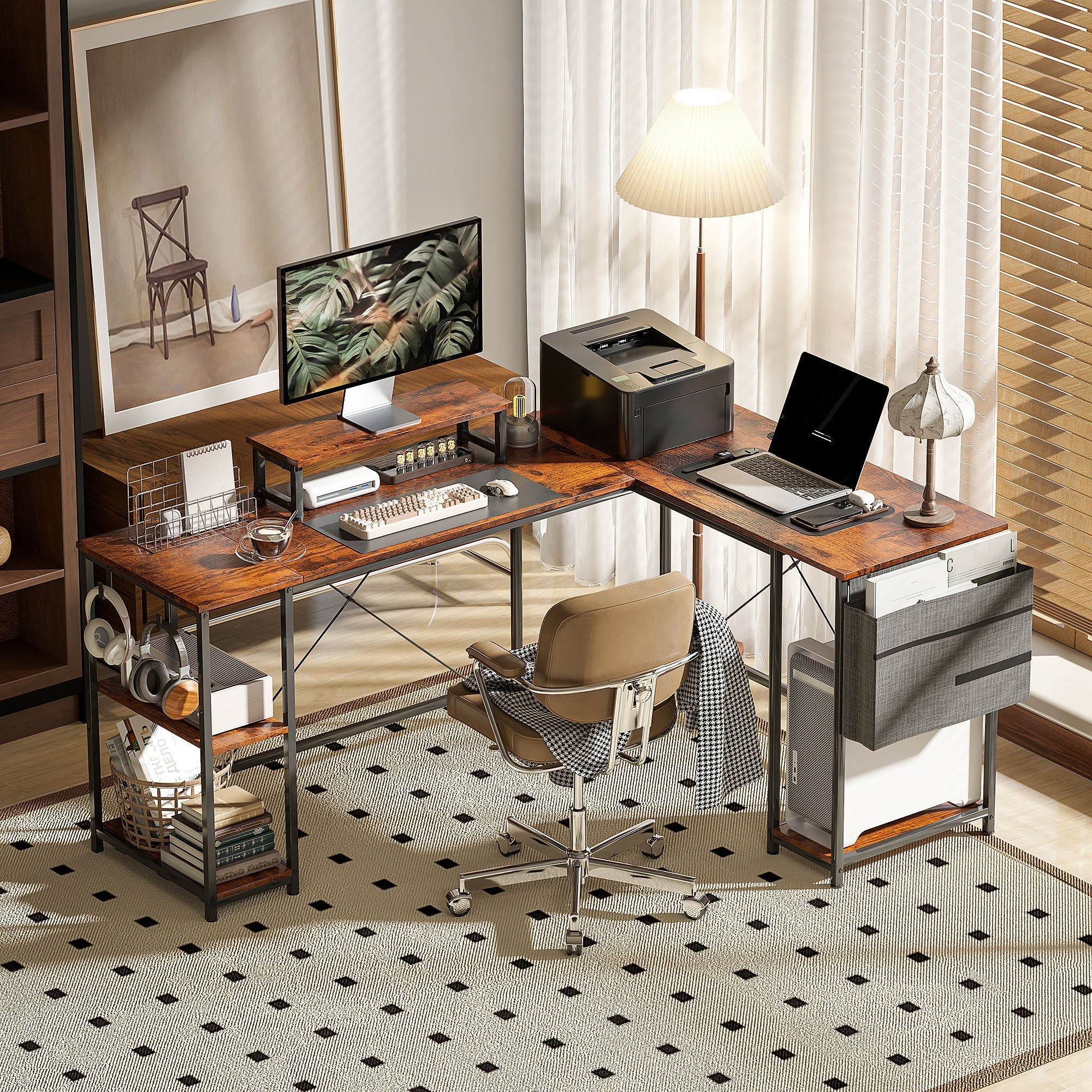 Logidon L-vormig bureau 168x120 cm rustiek bruine monitorstandaard