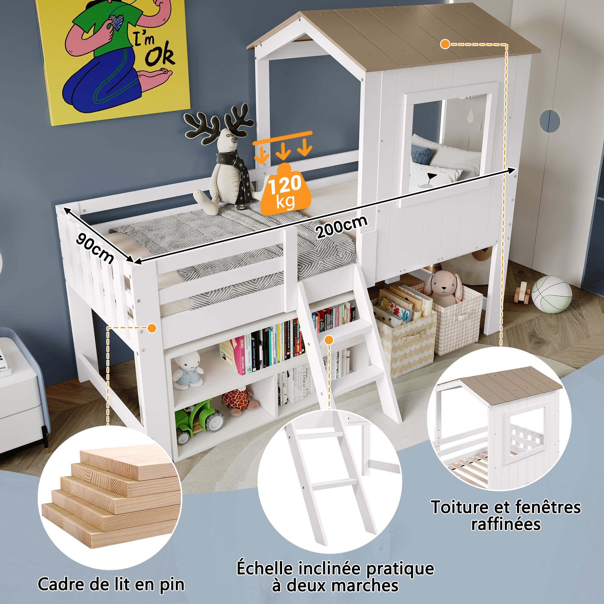 Logidon kinderbed halfhoogslaper met dakraam 90x200 wit naturel