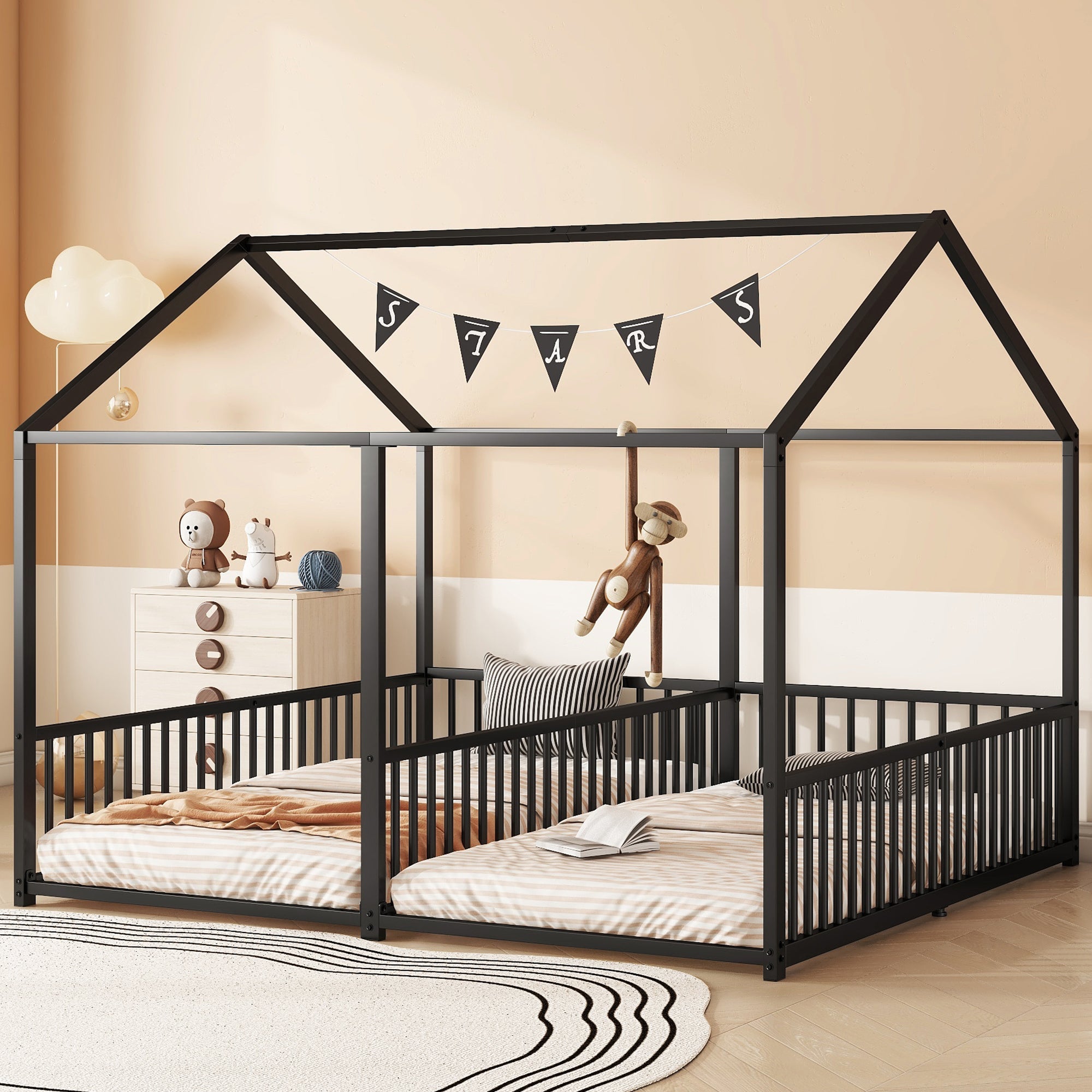 Logidon Metalen Bed Kinderbed 90x200 cm Zwart met Reling