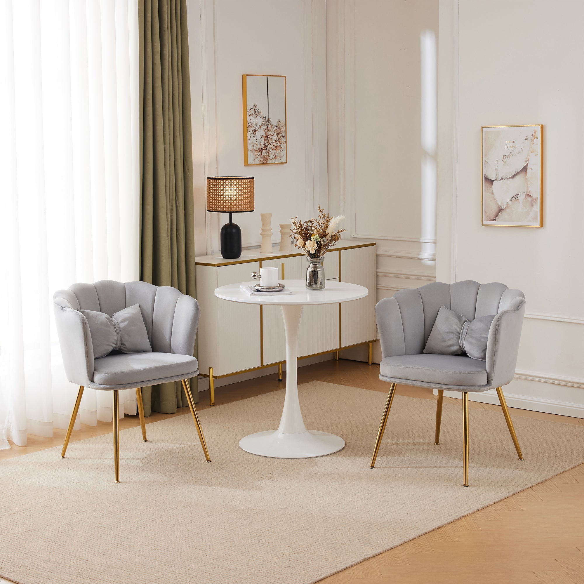 Logidon Set of 2 Modern Velvet Chairs with Flower Backs Gray Gold Legs