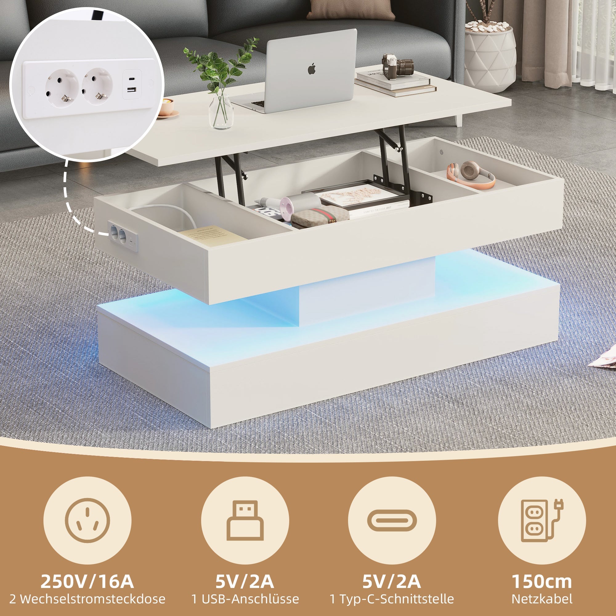 Logidon salontafel LED-verlichting en opbergruimte wit 100x50 cm