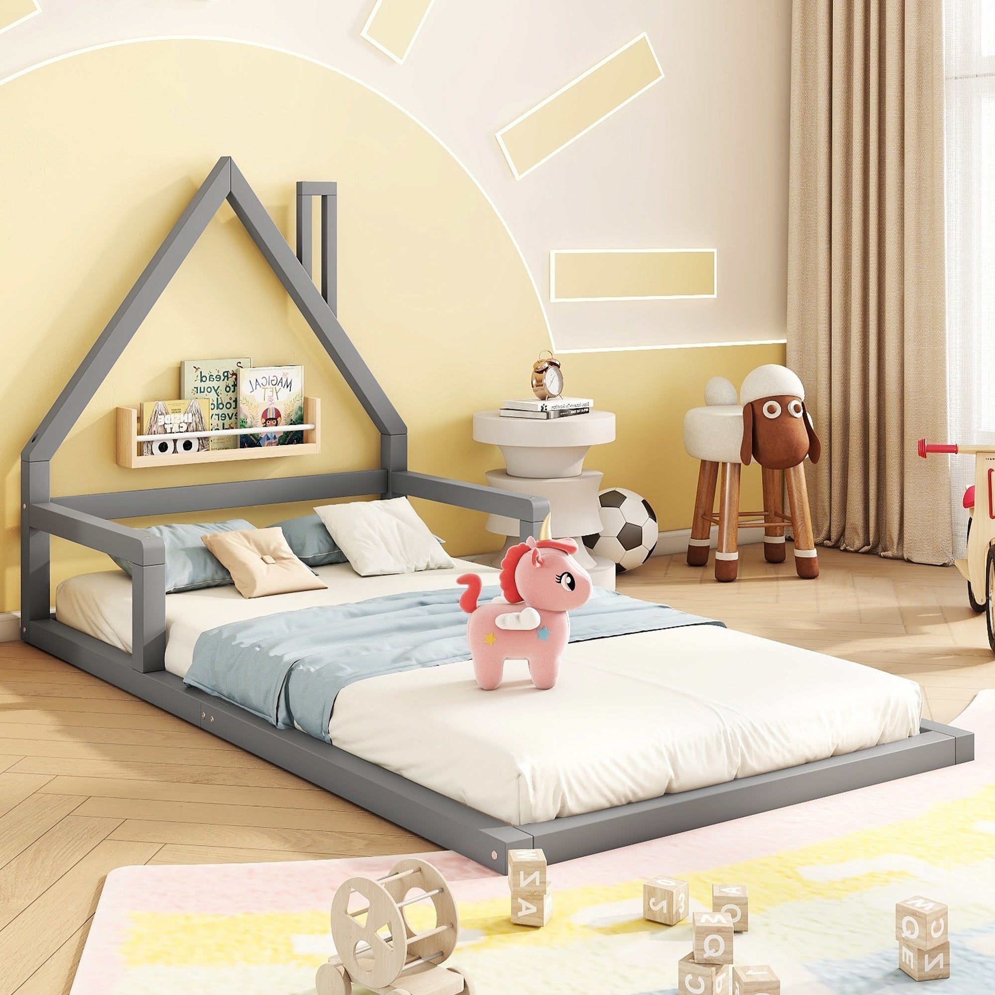 Logidon children's bed 90x200 cm flat bed house shape gray solid wood