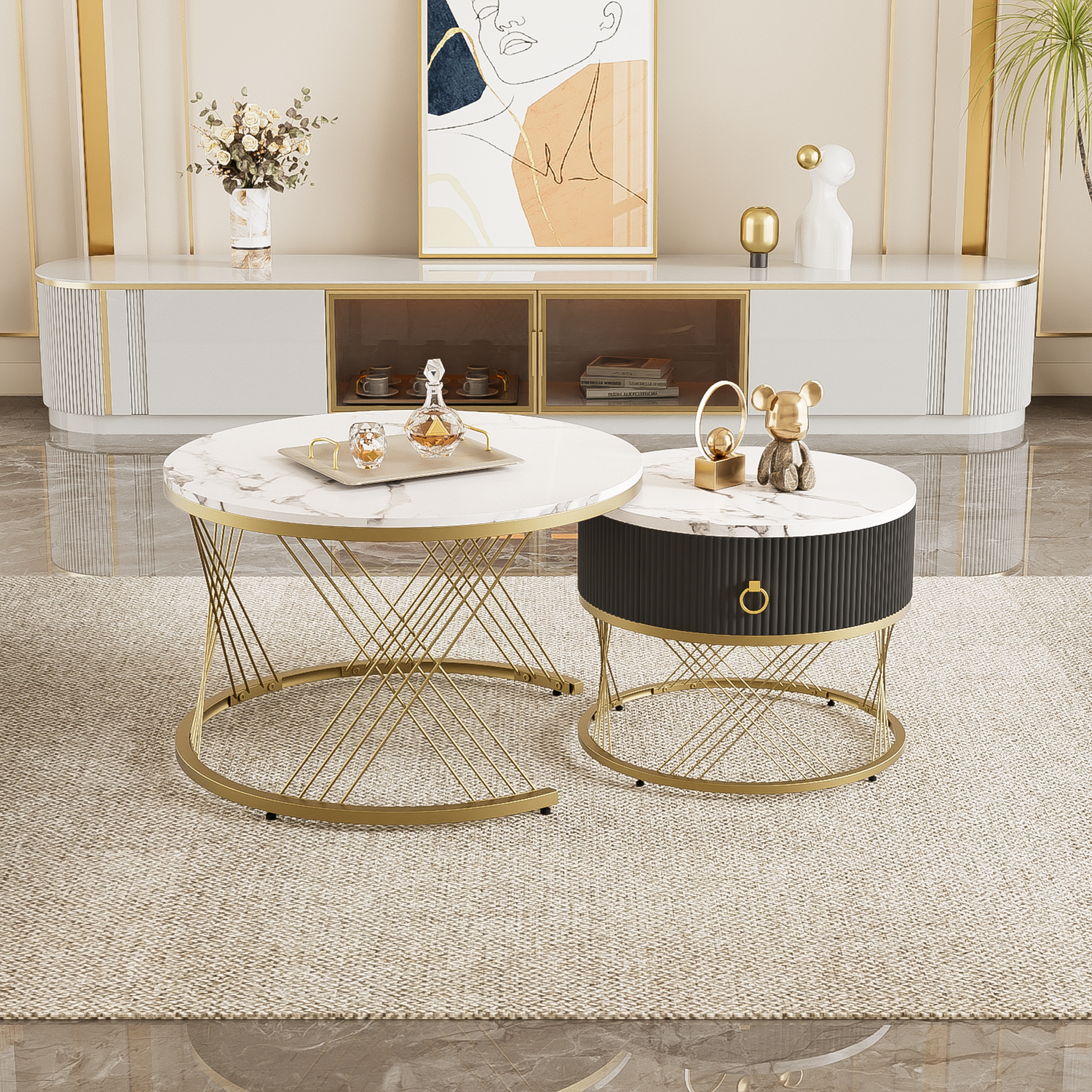 Logidon elegante modulaire salontafelset marmerlook witgoud decor set van 2