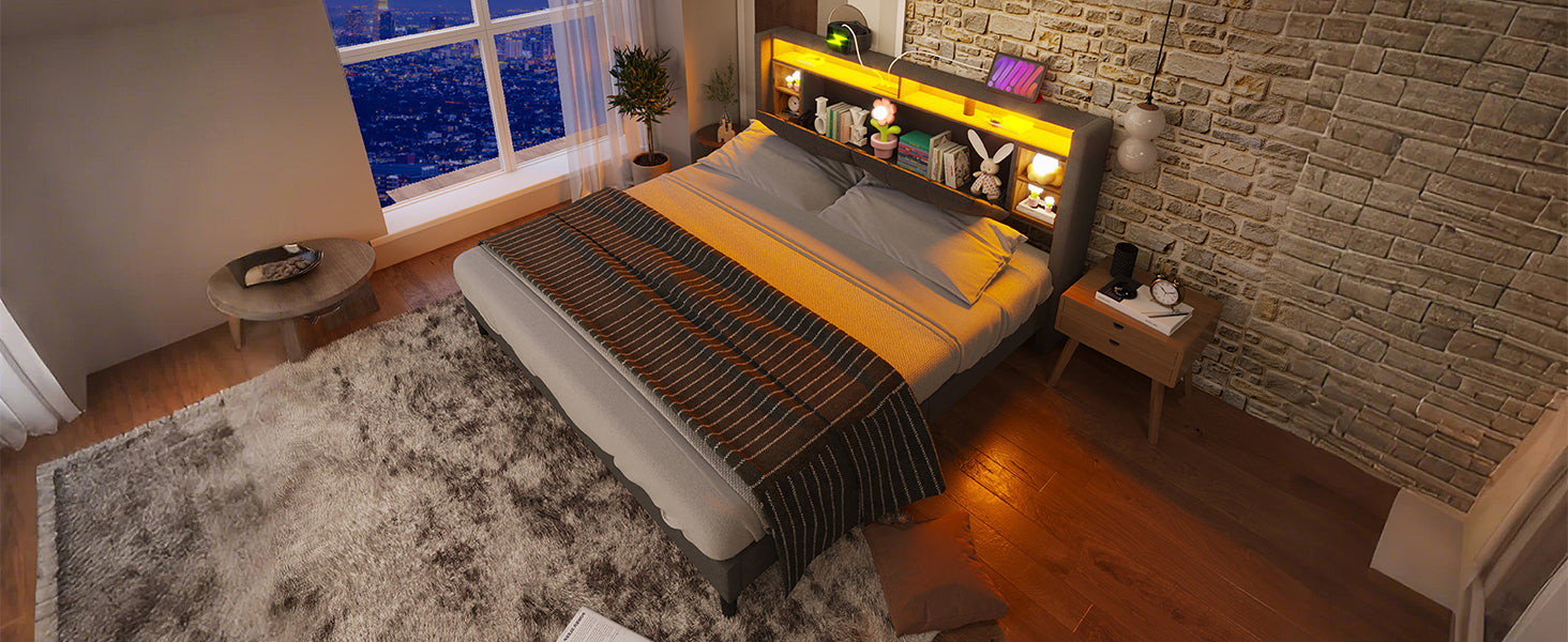 Logidon gestoffeerd bed tweepersoonsbed opbergruimte hoofdbord USB LED grijs 140x200