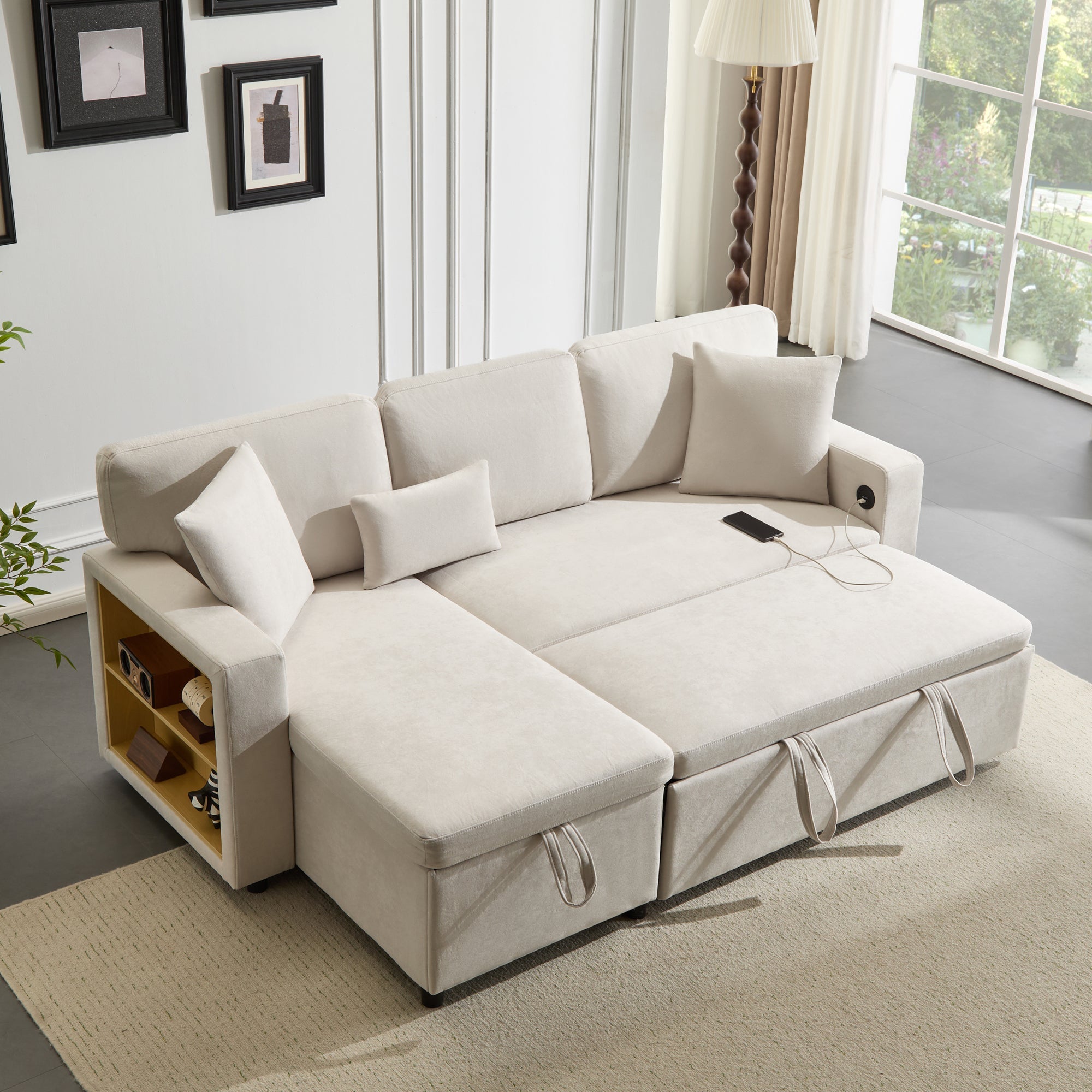 Logidon corner sofa bed L-shape extendable beige with bed box shelf