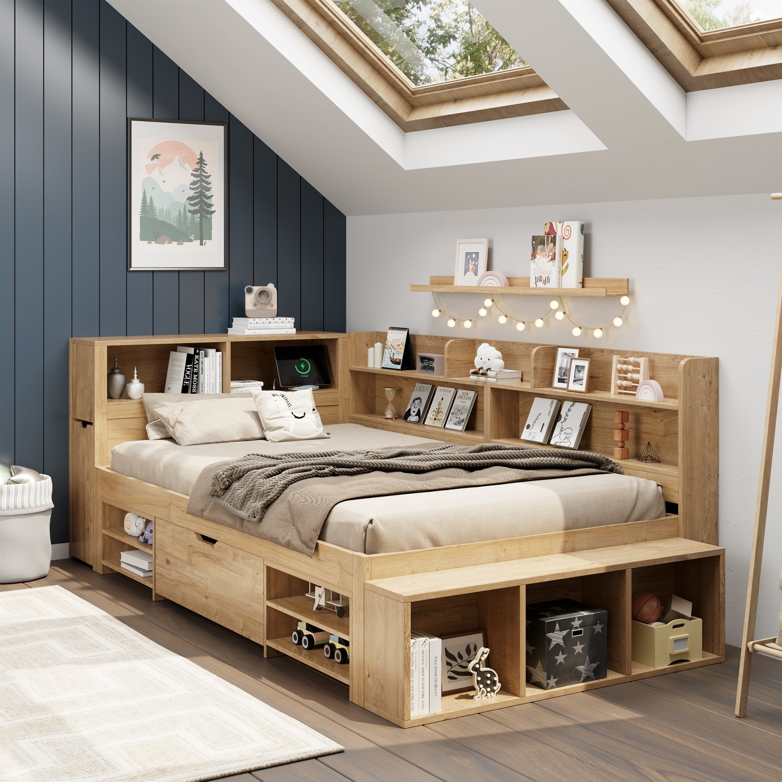 Logidon kinderbed 90x200 cm naturel hout met opbergruimte en opladen
