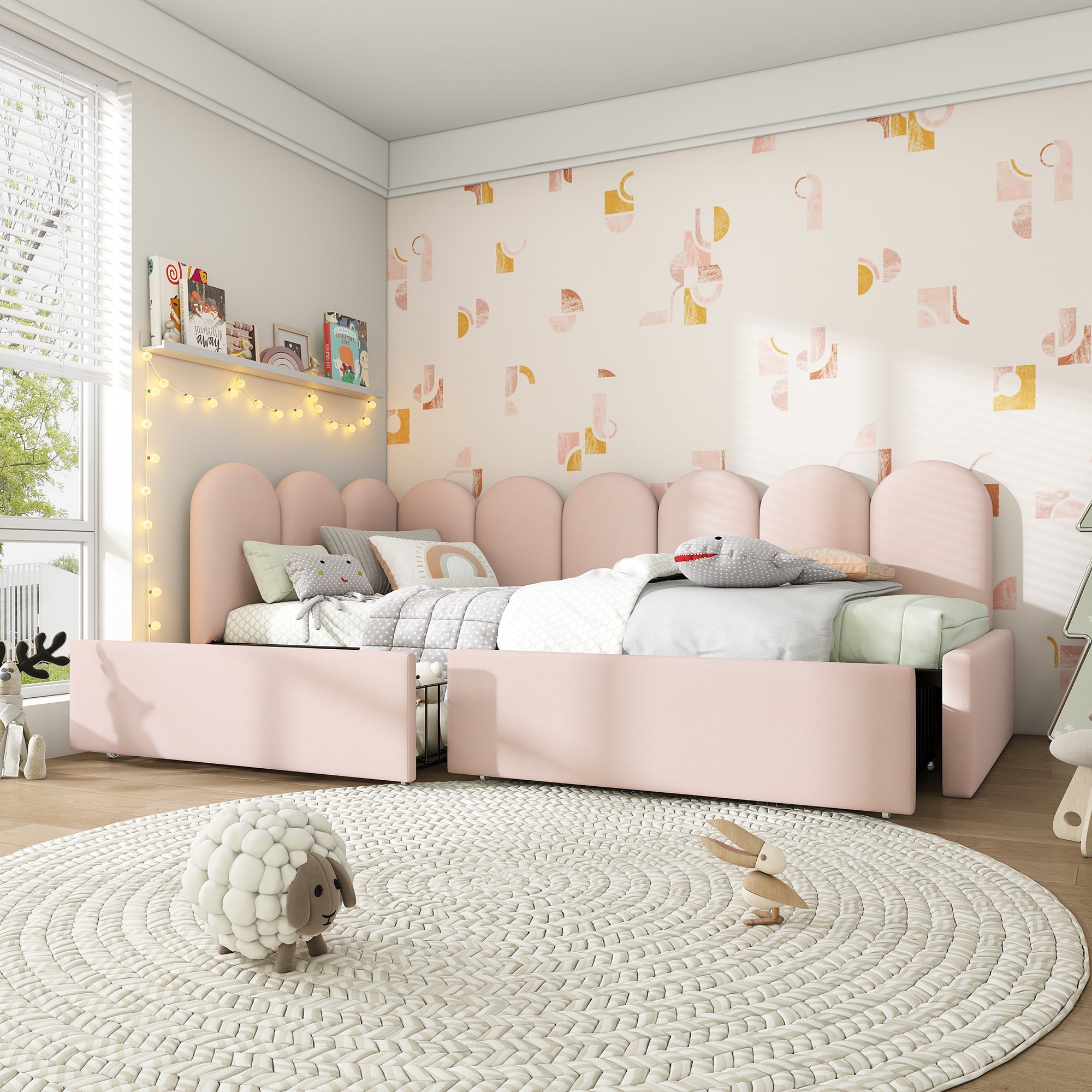 Logidon gestoffeerd bed 90x200 roze fluweel dagbed met lades