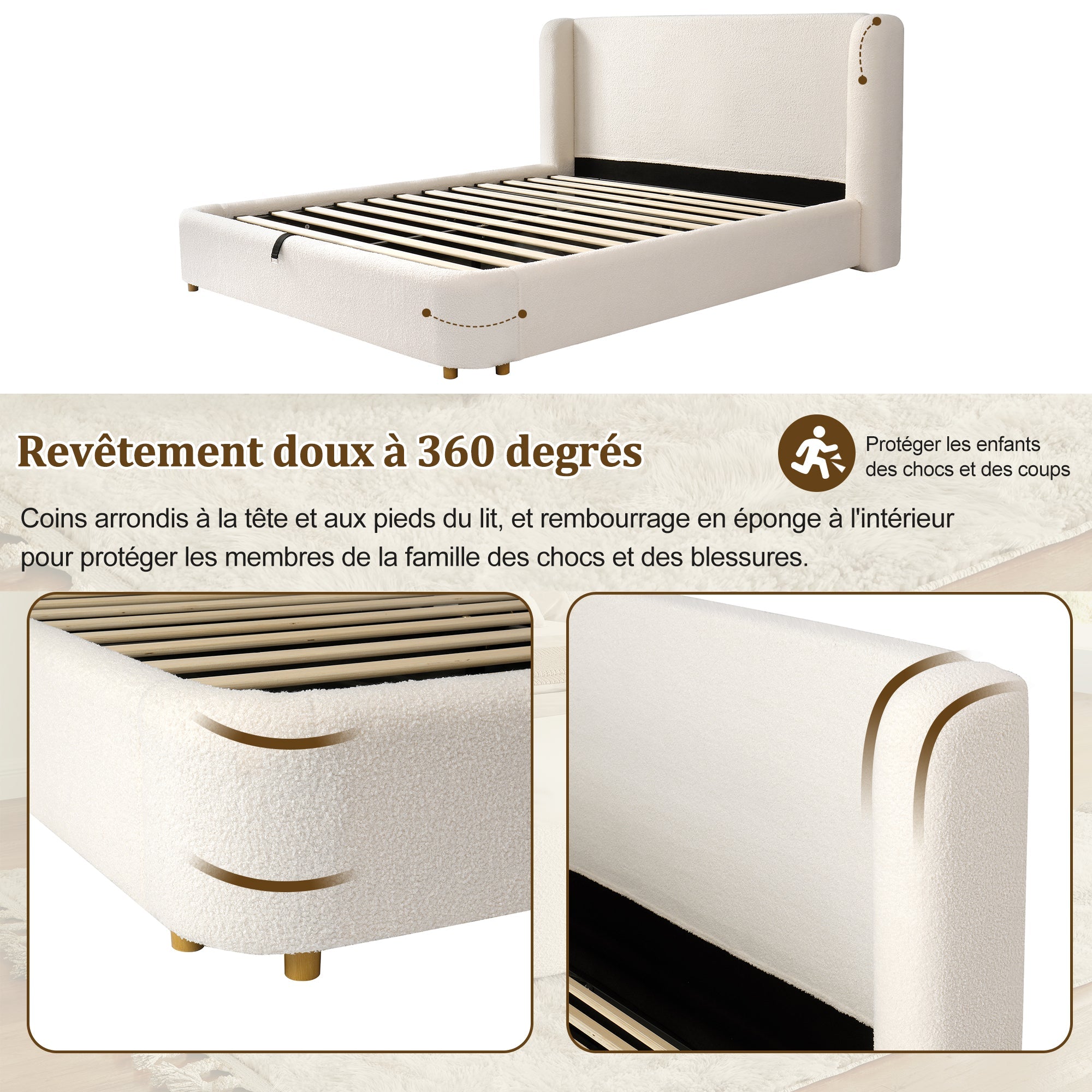 Logidon gestoffeerd bed tweepersoonsbed 160x200 beige bouclé met opbergruimte