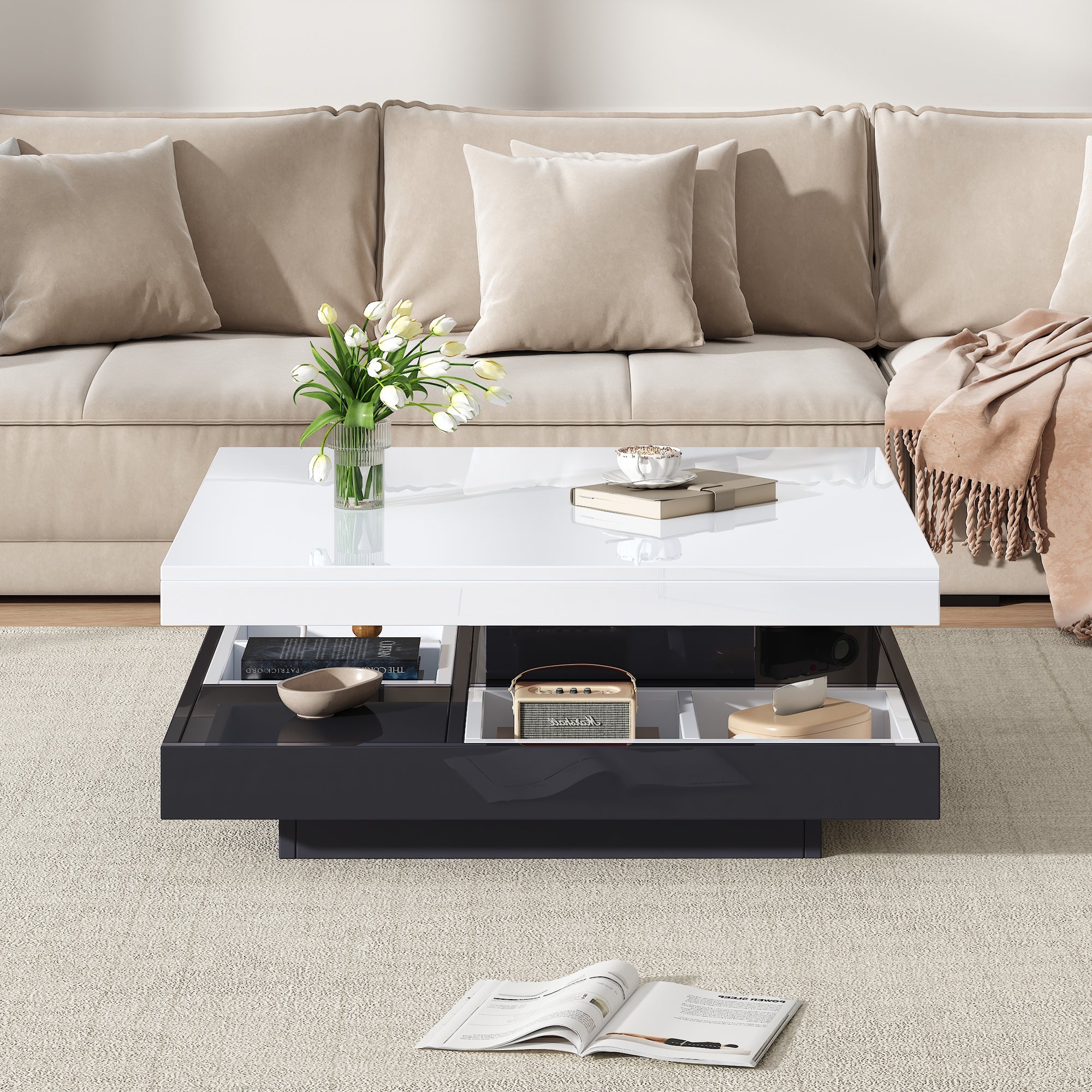 Logidon Draaibare Salontafel Wit Blad Zwart Onderstel 70x70x36