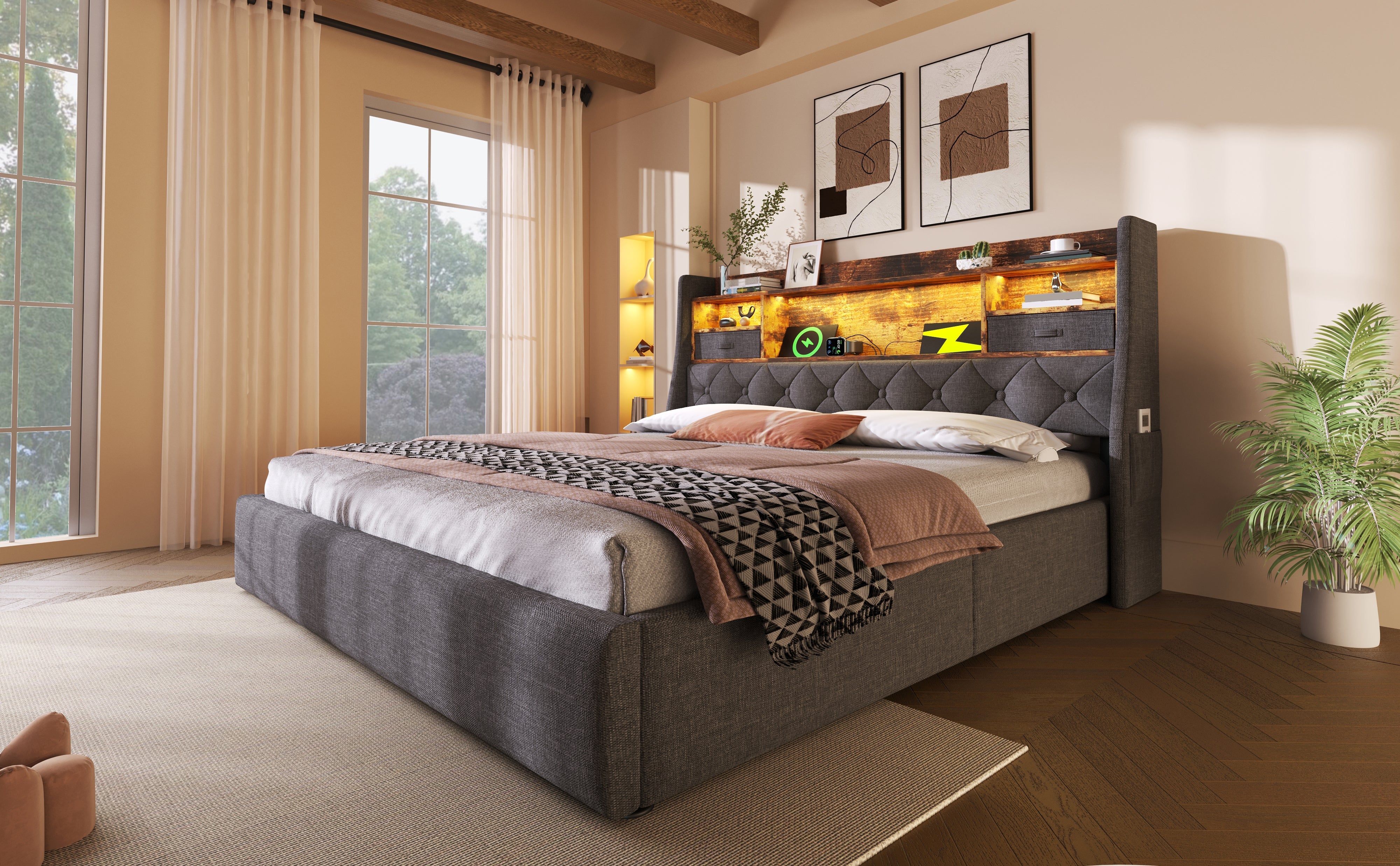 Logidon gestoffeerd bed 160x200 cm met opbergruimte, LED-hoofdbord, USB-C