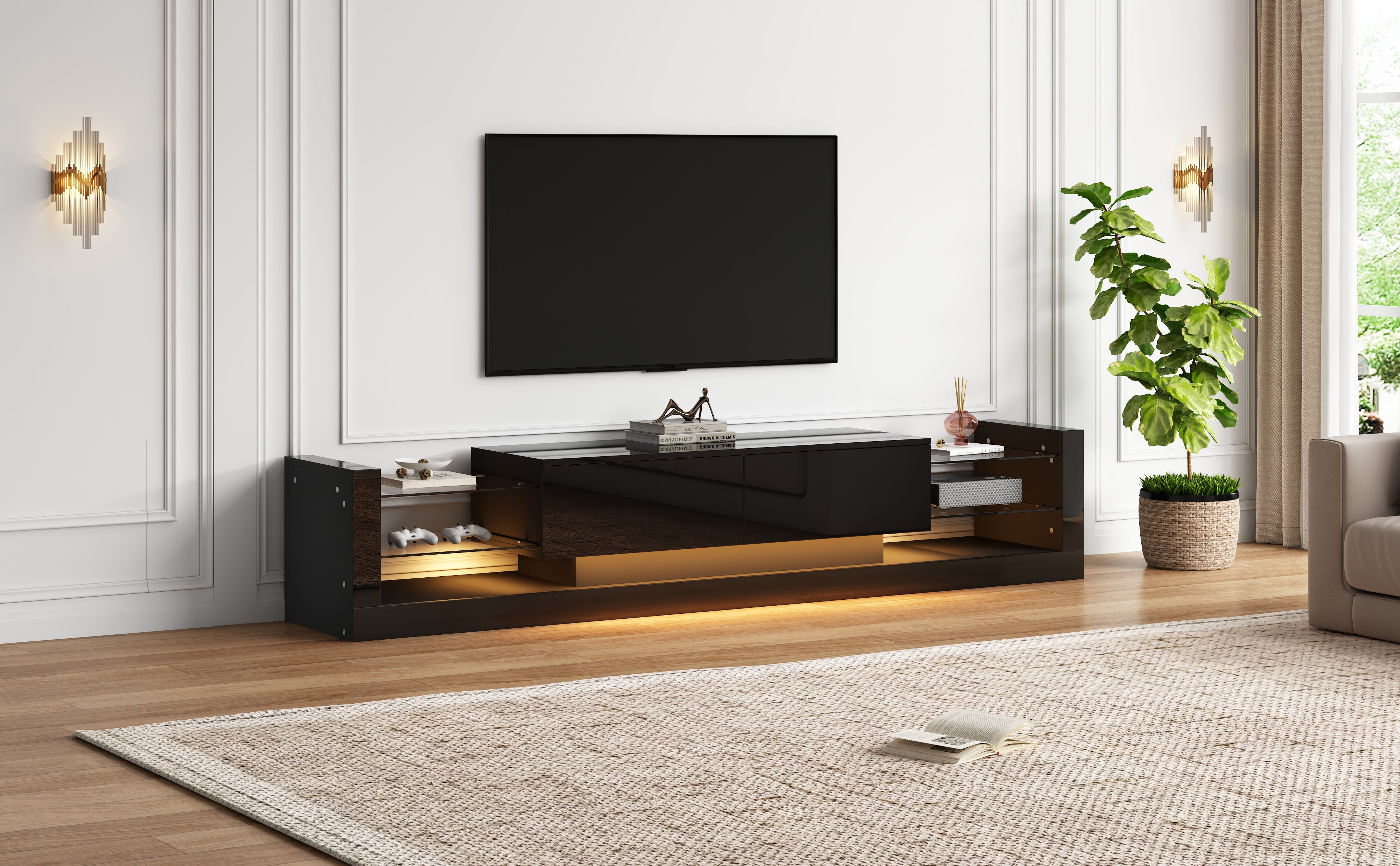 Logidon high-gloss TV cabinet 181 cm LED lighting black glass front