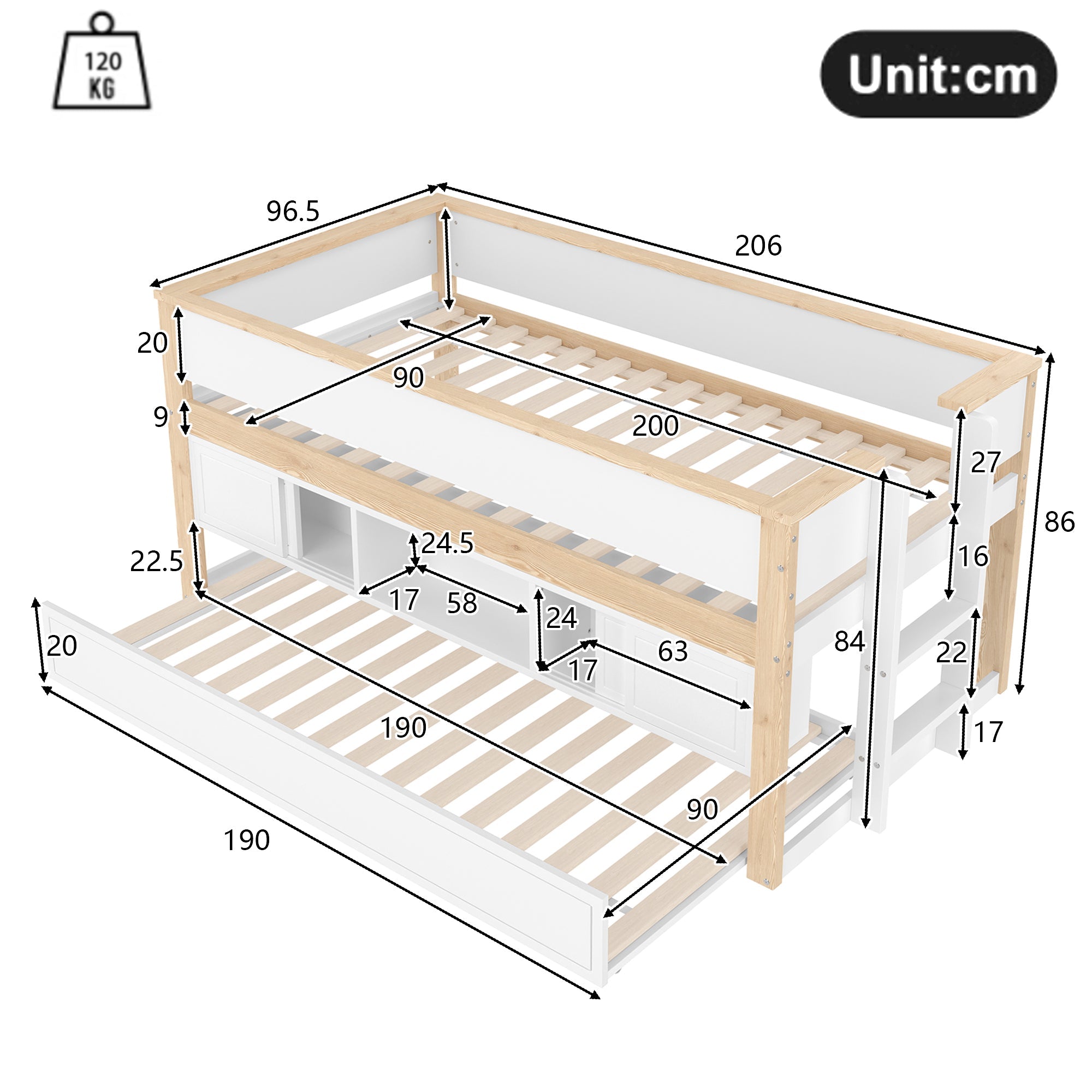 Logidon halfhoogsbed 90x200 wit naturel met onderschuifbed en opbergruimte