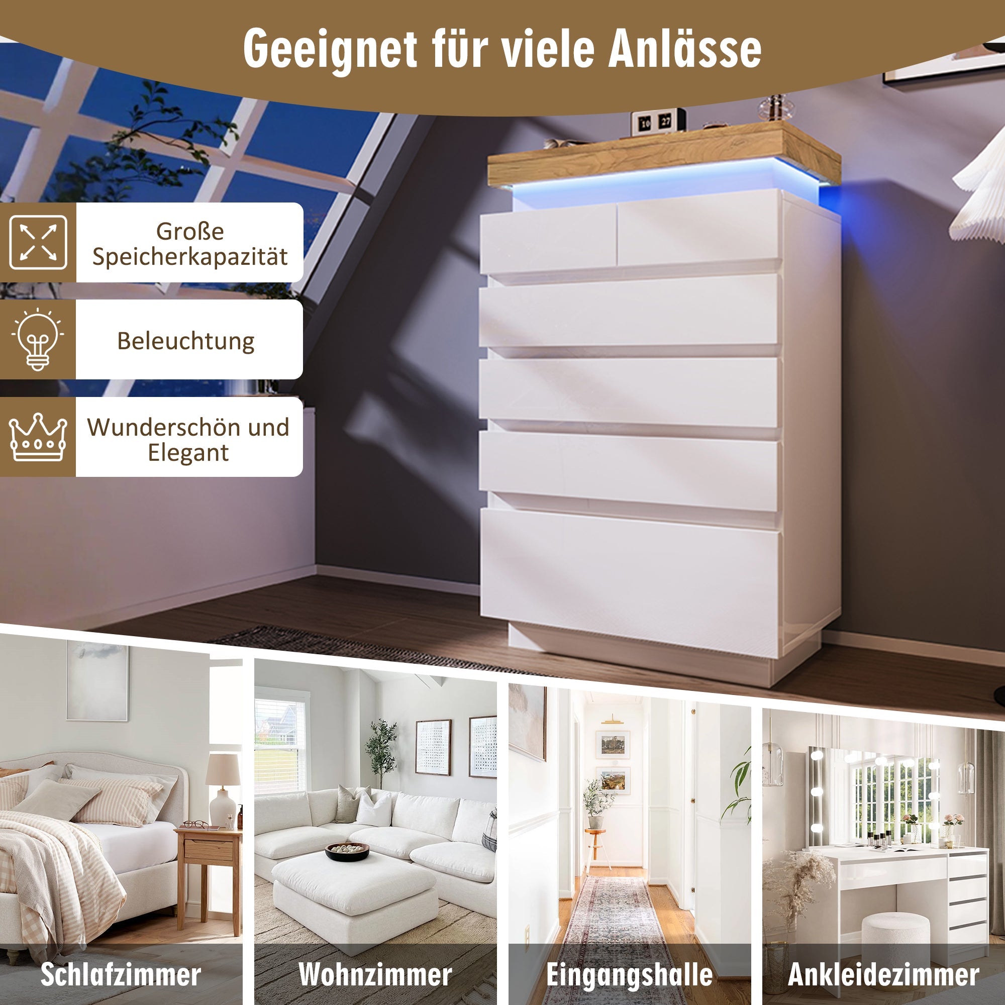 Logidon sideboard 6 drawers white 115x73x39 cm LED app control